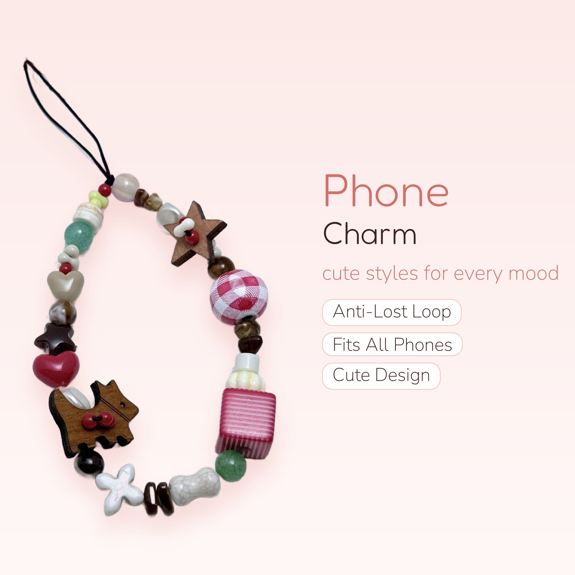 Kawaii Wooden Dog & Heart Phone Charm | Aesthetic Beaded Wrist Lanyard