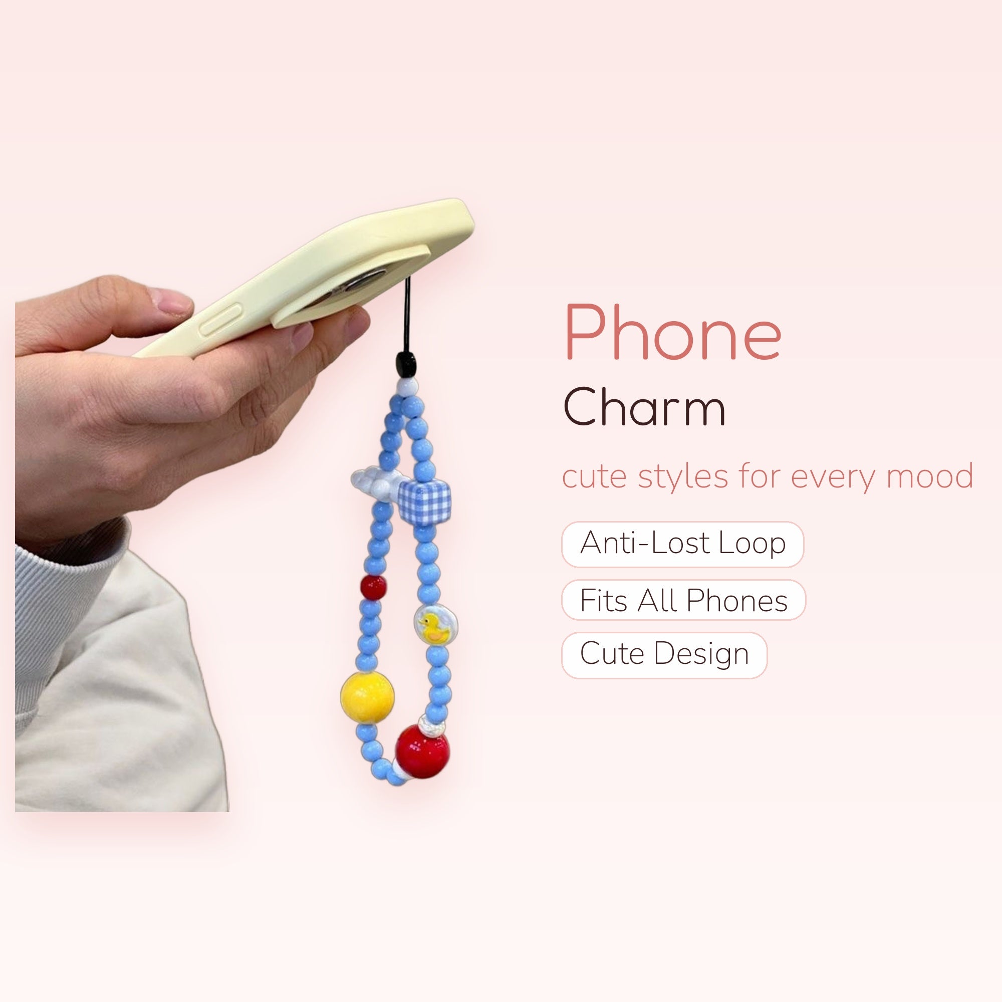 Kawaii Pastel Blue Beaded Phone Charm | Cute Cloud, Gingham, & Duck Wrist Strap