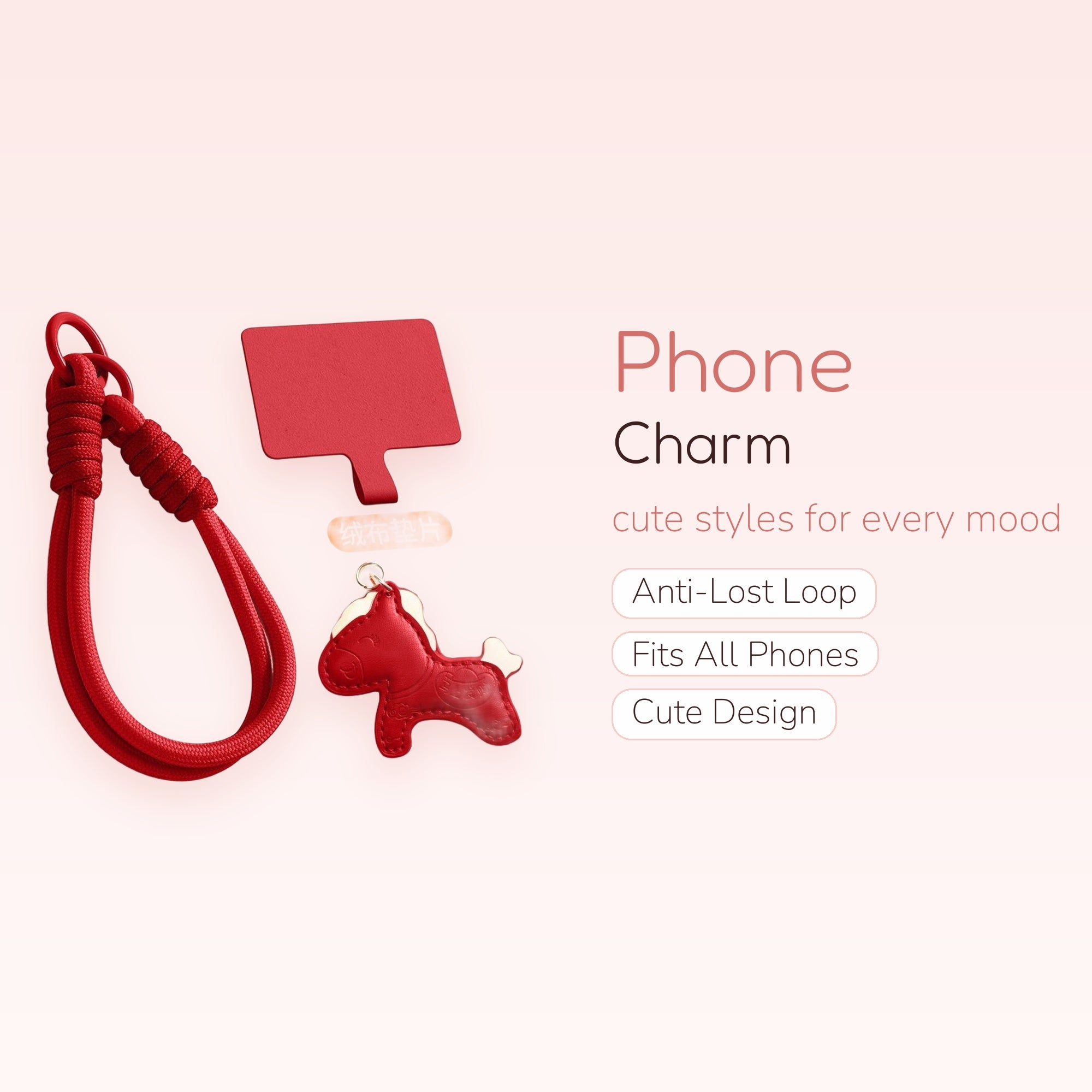 Red Braided Rope Phone Charm | Cute Horse Keychain Wrist Lanyard