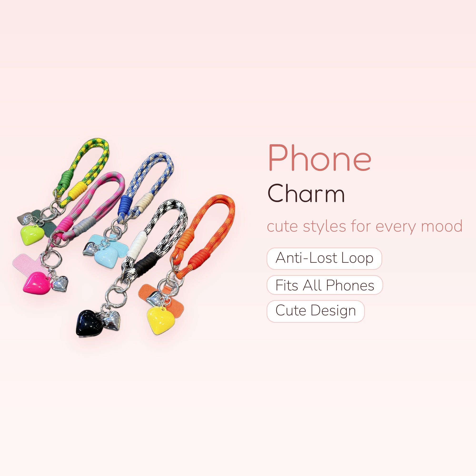 Colorful Braided Rope Phone Charm Strap with Heart Charms | Aesthetic Wrist Lanyard
