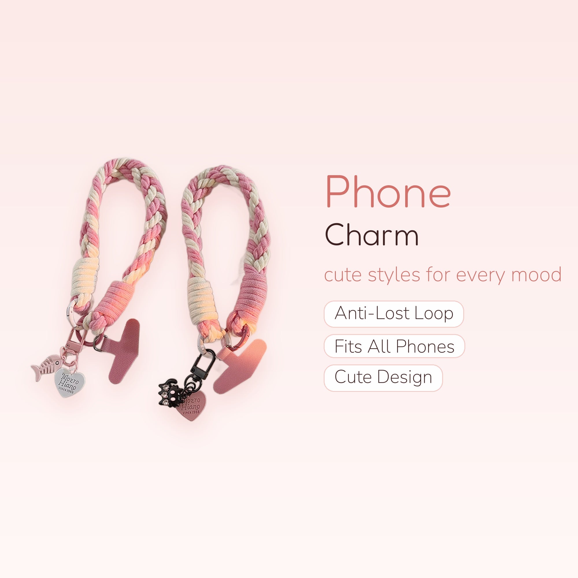 Pink & White Braided Wrist Phone Charm | Cute Fish & Cat Heart Lanyard