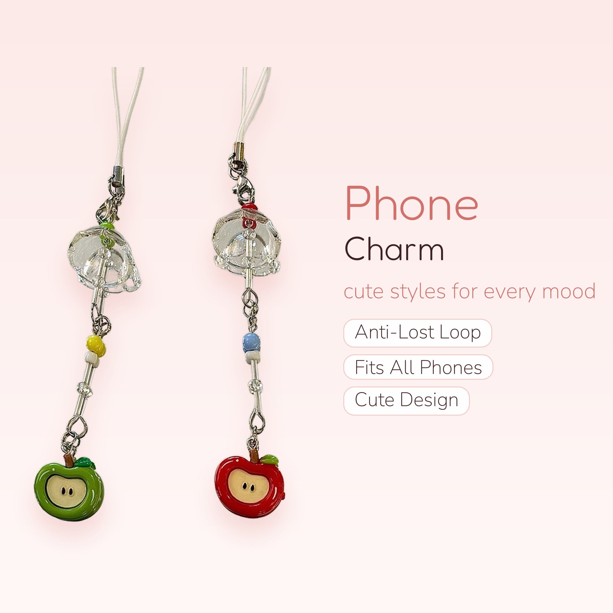 Cute Apple & Clear Bell Phone Charm | Kawaii Beaded Phone Strap