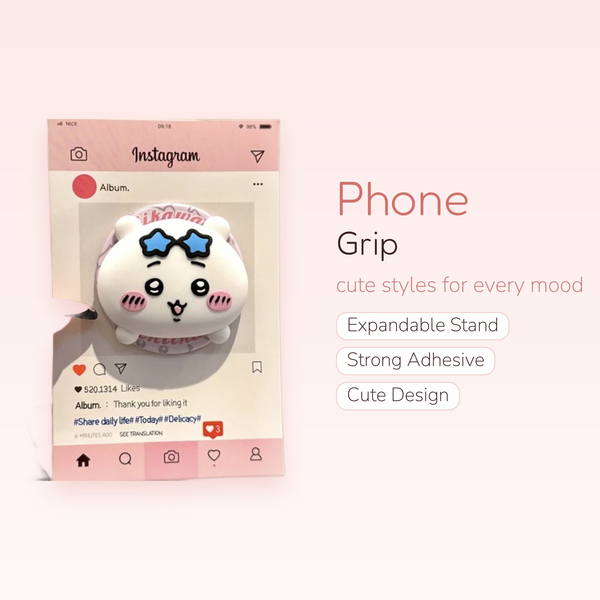 Kawaii White Hamster Phone Grip with Blue Star Glasses | Cute Pop Socket Stand