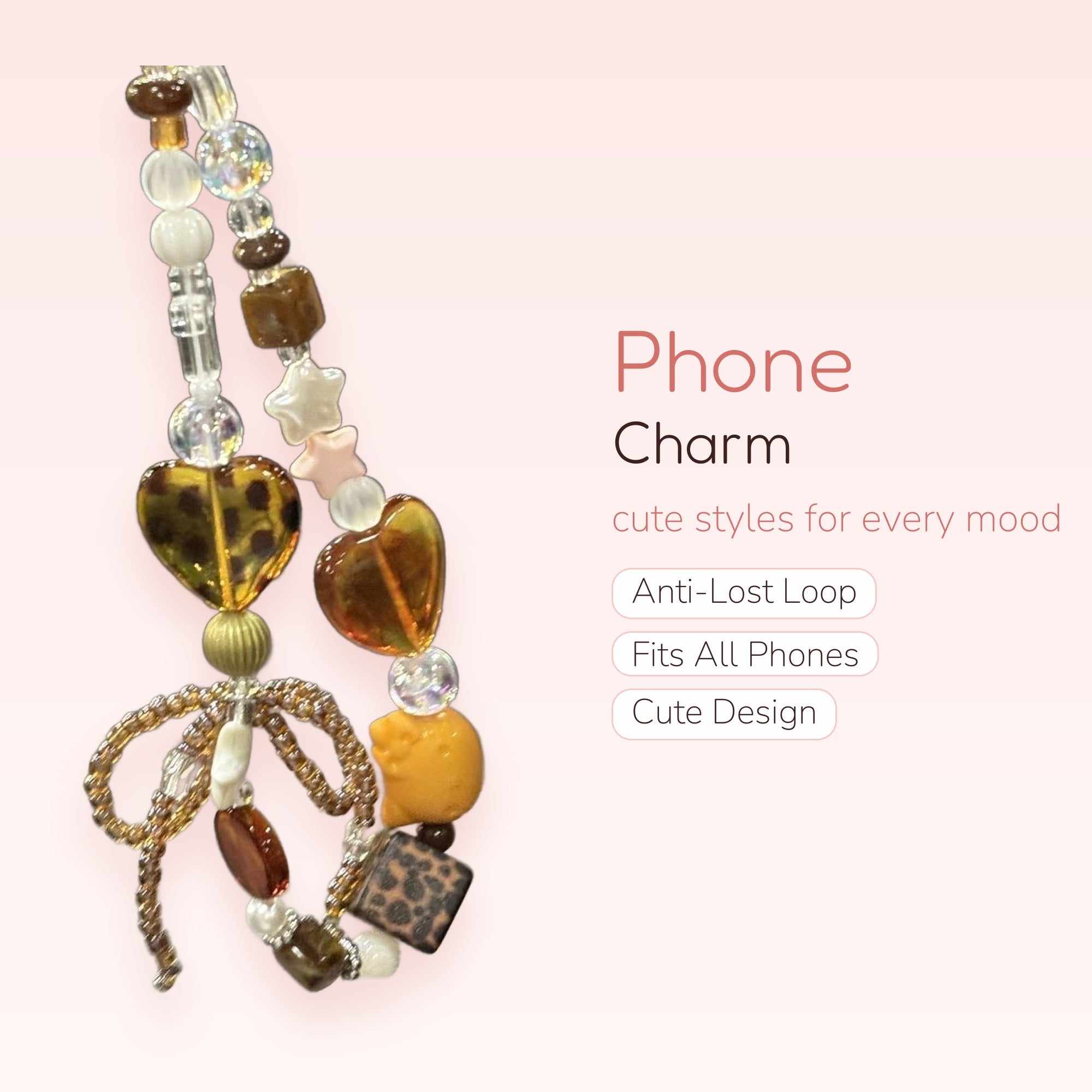 Aesthetic Brown & Clear Beaded Phone Charm | Tortoiseshell Heart & Leopard Print Strap