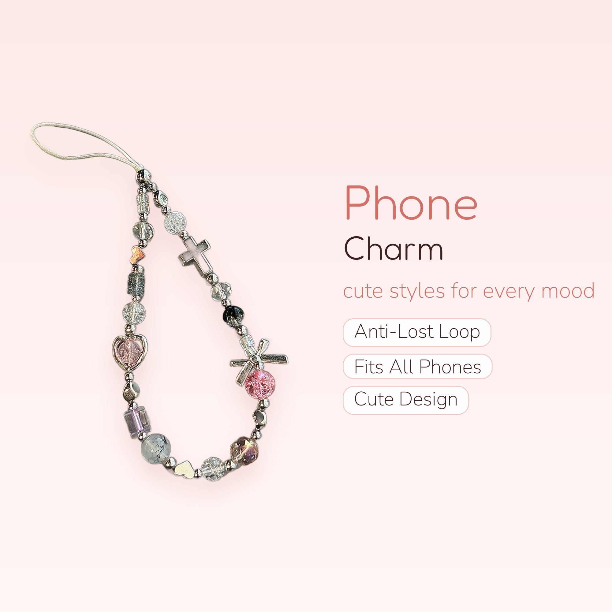 Aesthetic Beaded Phone Charm Strap with Cross & Heart Charms | Y2K Pastel Wrist Lanyard