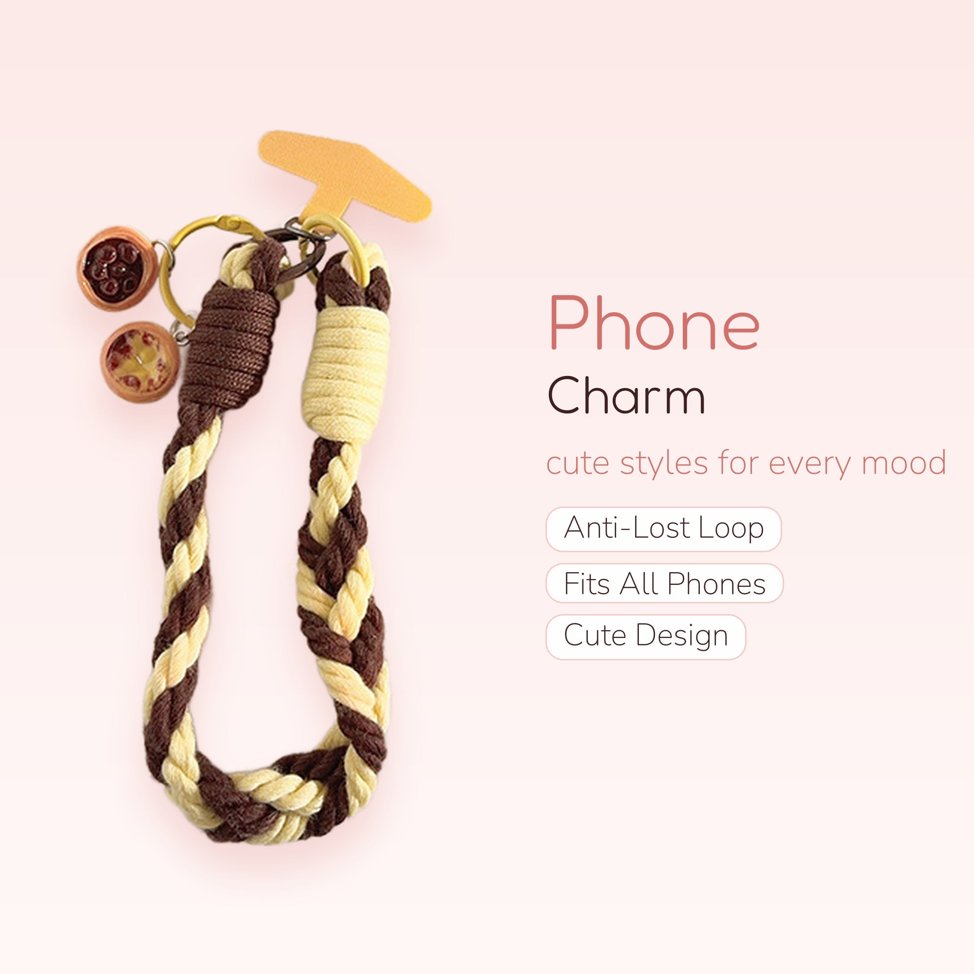 Braided Brown & Cream Phone Charm | Cute Wrist Strap with Mini Food Charms
