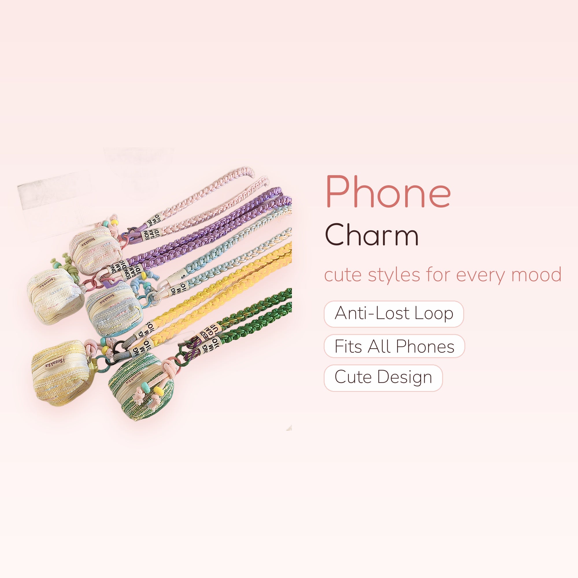 Braided Wristlet Phone Charm with Mini Zipper Pouch | Pastel Woven Lanyard with Coin Purse