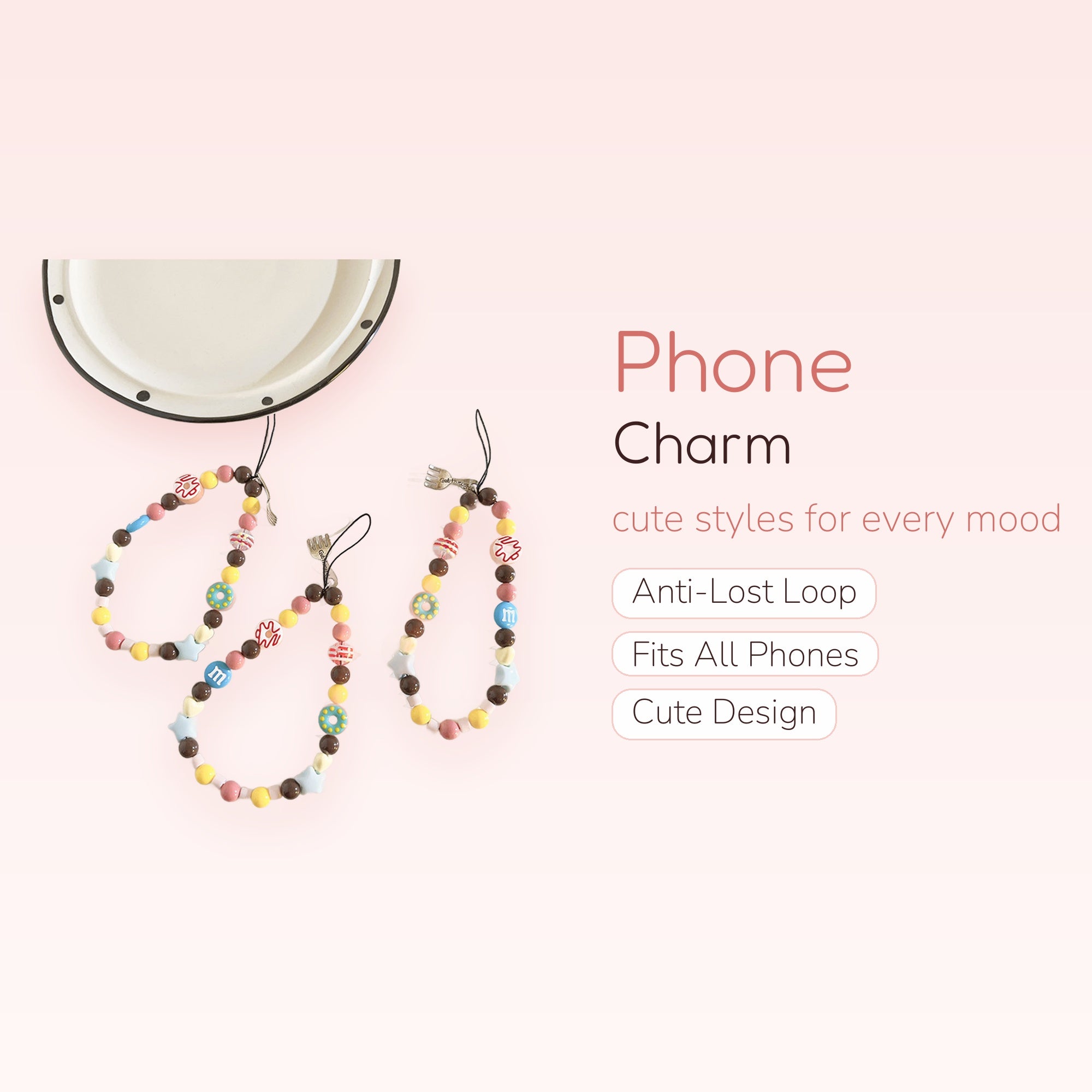 Kawaii Donut & M&M Beaded Phone Charm | Pastel Candy Wrist Strap Lanyard