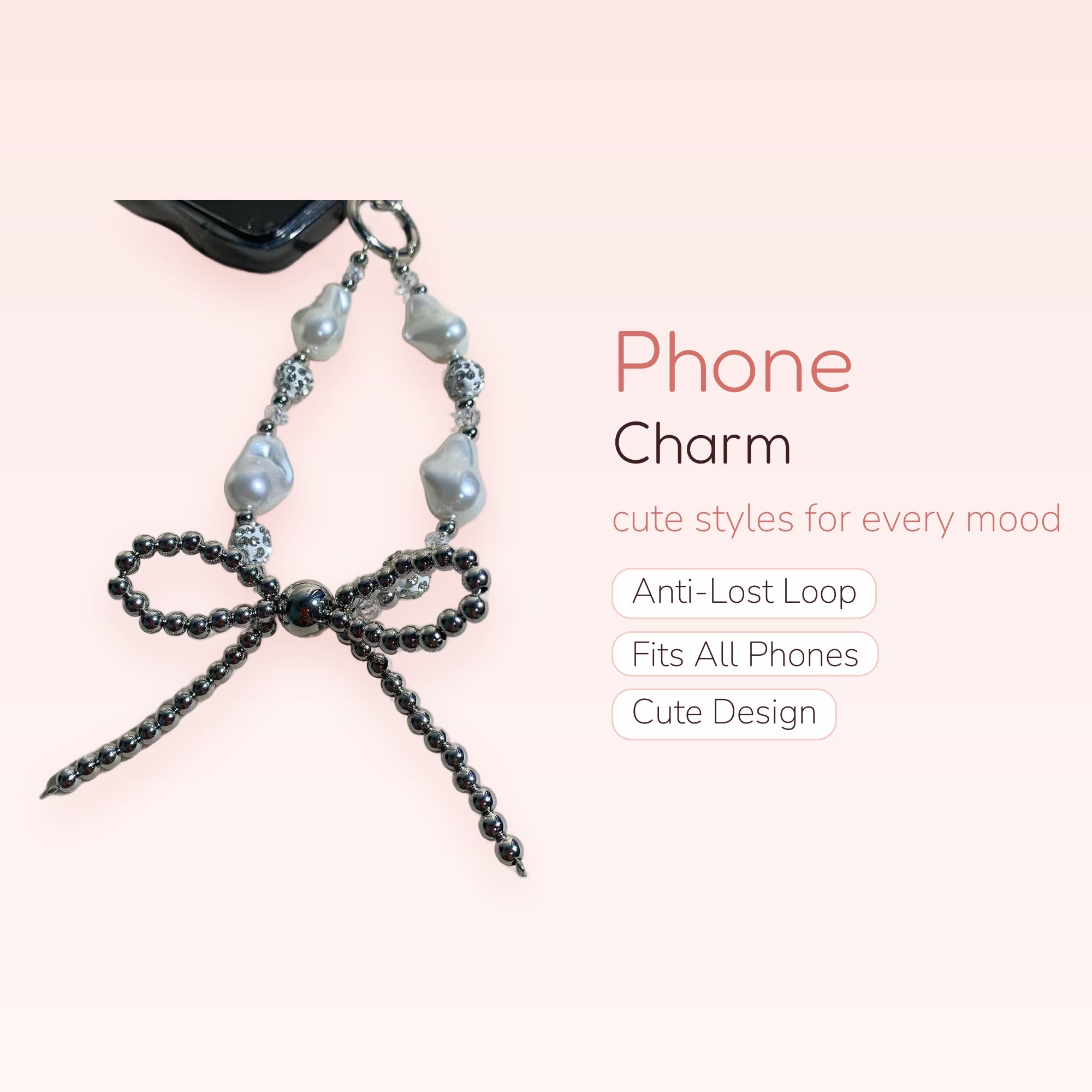 Elegant Baroque Pearl & Silver Beaded Phone Charm | Aesthetic Bow Wrist Strap