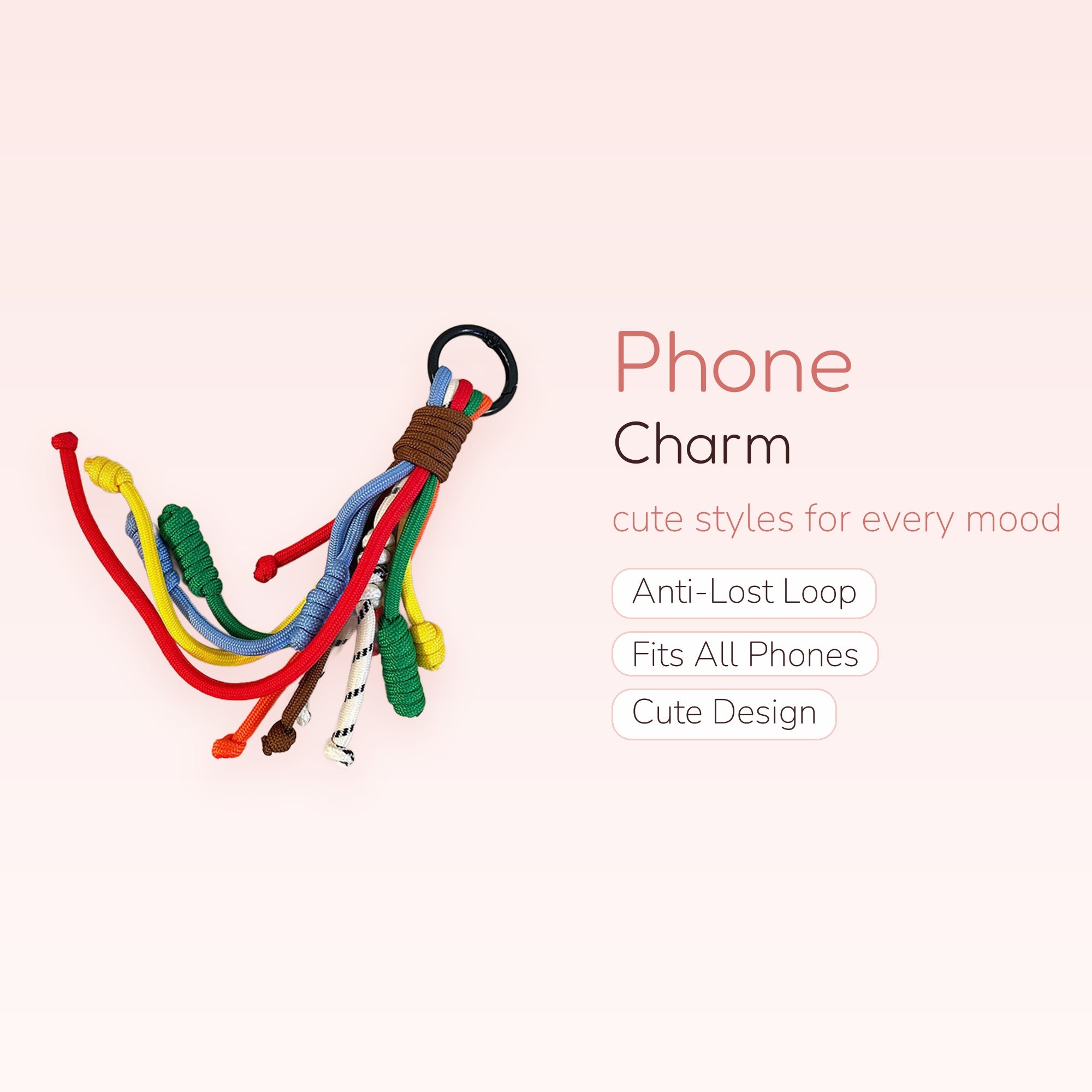Colorful Paracord Knot Phone Charm | Aesthetic Rainbow Rope Wrist Lanyard