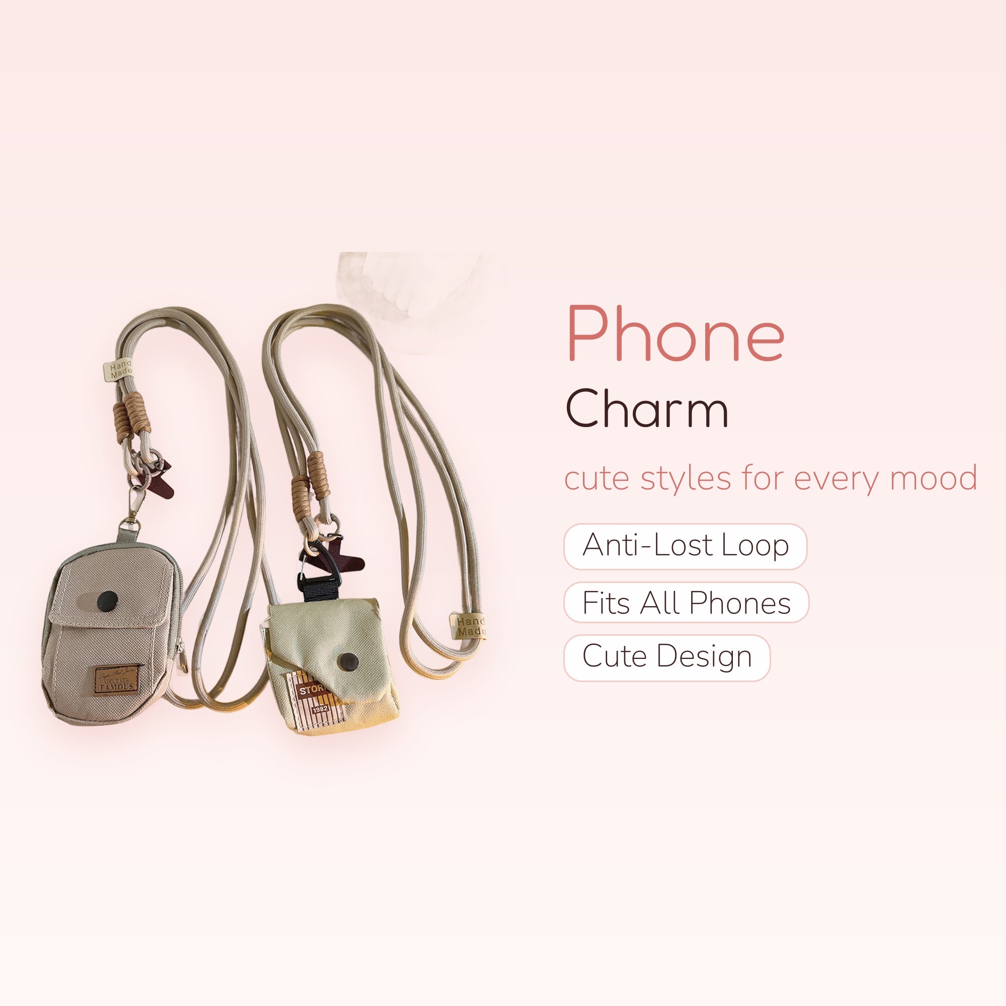 Aesthetic Canvas Mini Pouch Phone Charm Lanyard | Handmade Beige Crossbody Strap