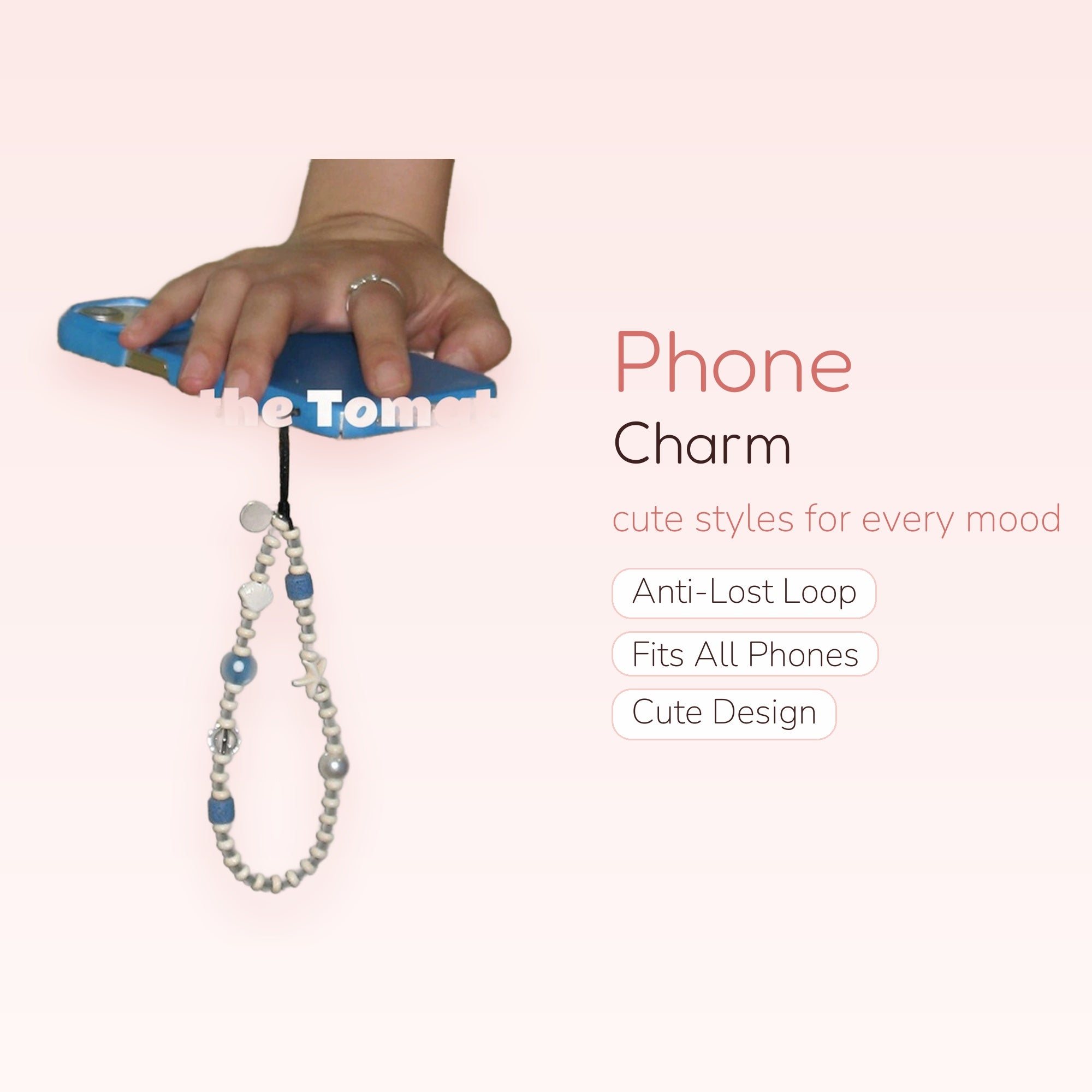 Aesthetic Blue & White Beaded Phone Charm | Seashell Starfish Wrist Strap