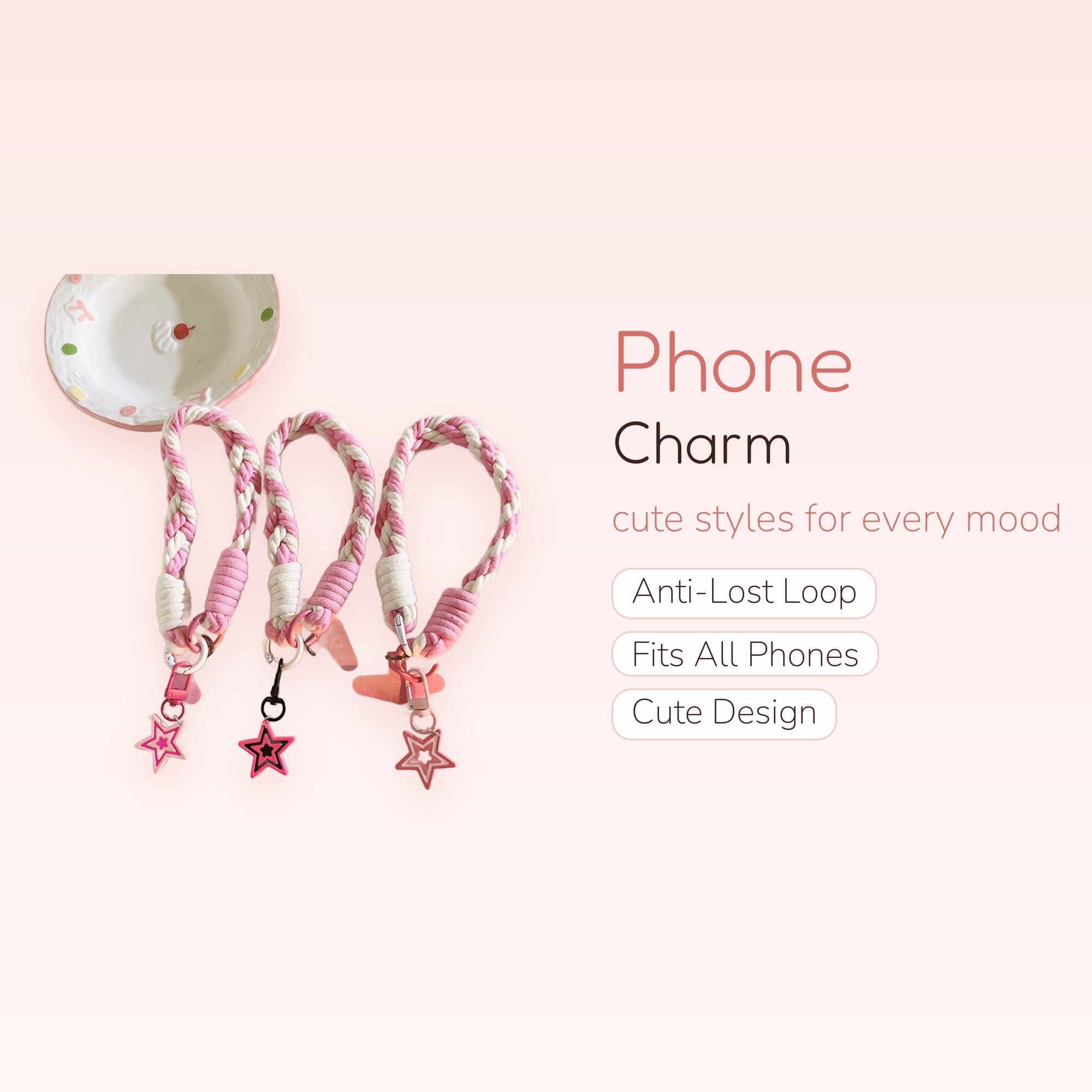 Pink & White Braided Wrist Phone Charm | Cute Star Pendant Lanyard