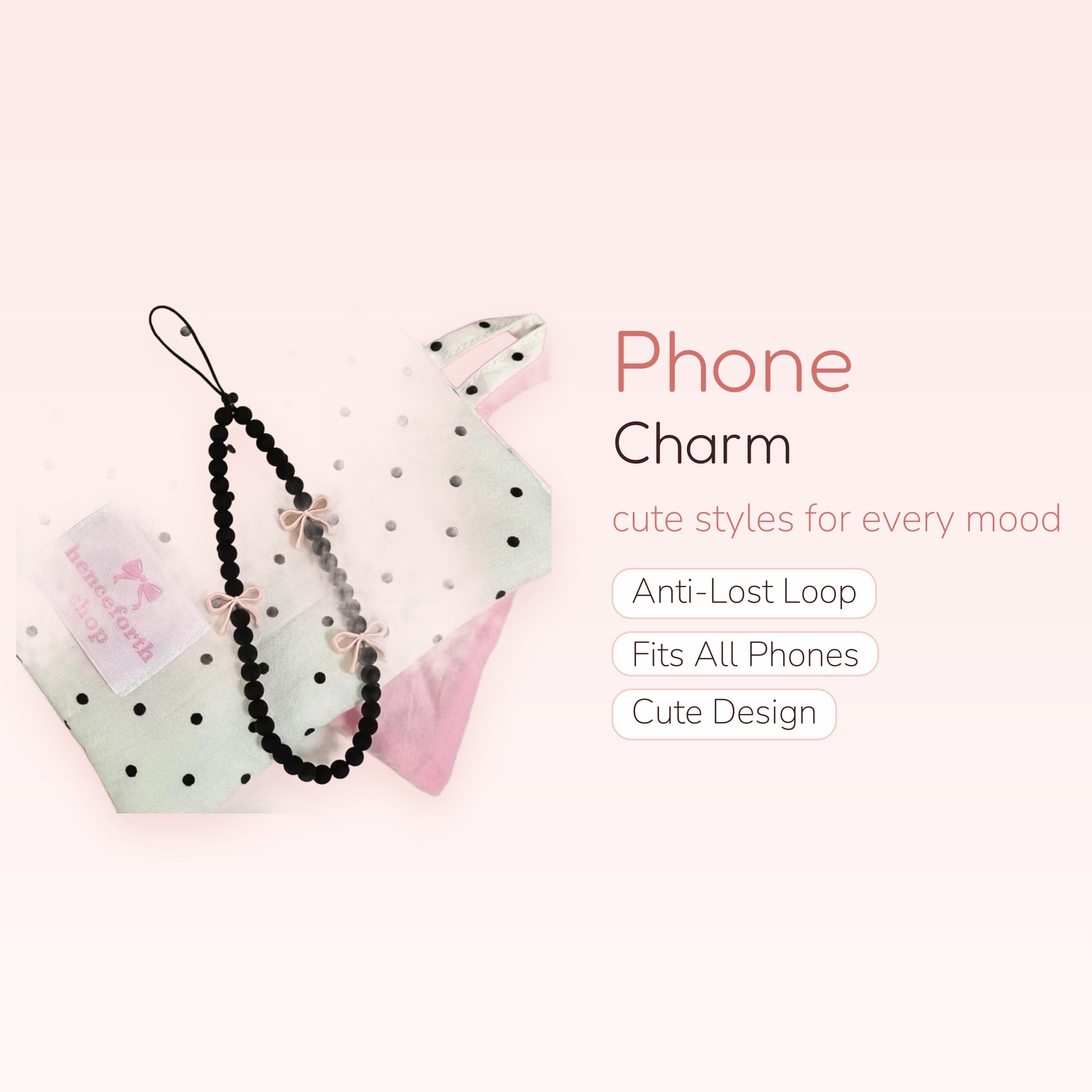 Black Beaded Phone Charm with Pink Bows | Cute Wrist Strap Lanyard