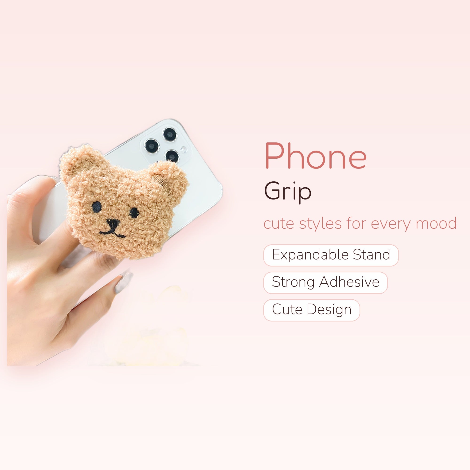 Cute Fluffy Teddy Bear Phone Grip | Kawaii Plush Pop Socket Stand