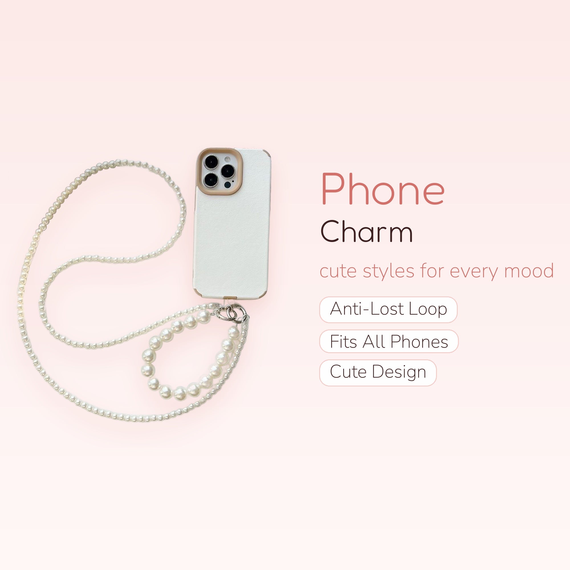 Aesthetic Pearl Phone Charm Lanyard | White Beaded Crossbody Strap
