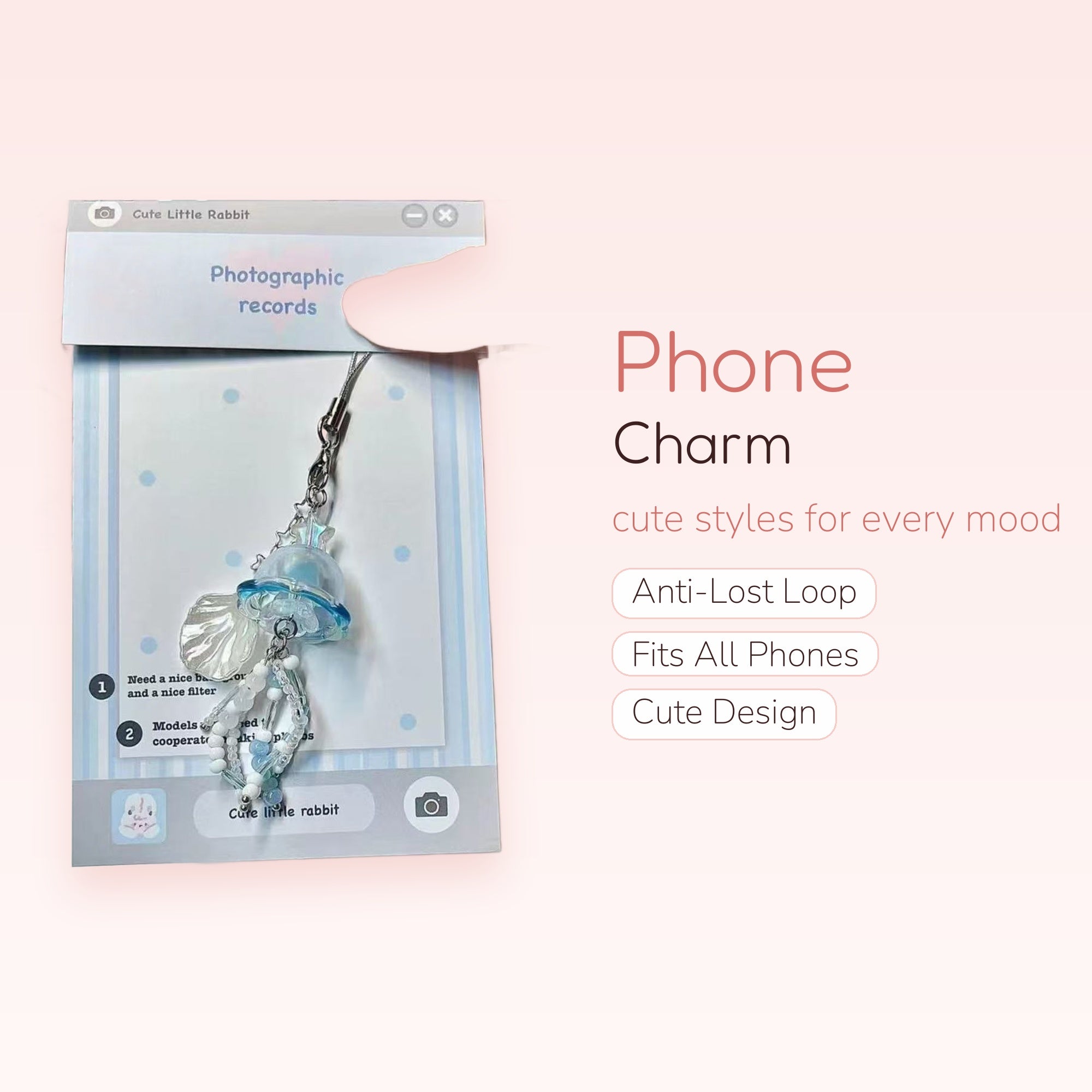 Cute Blue Jellyfish & Shell Phone Charm | Aesthetic Beaded Wrist Strap