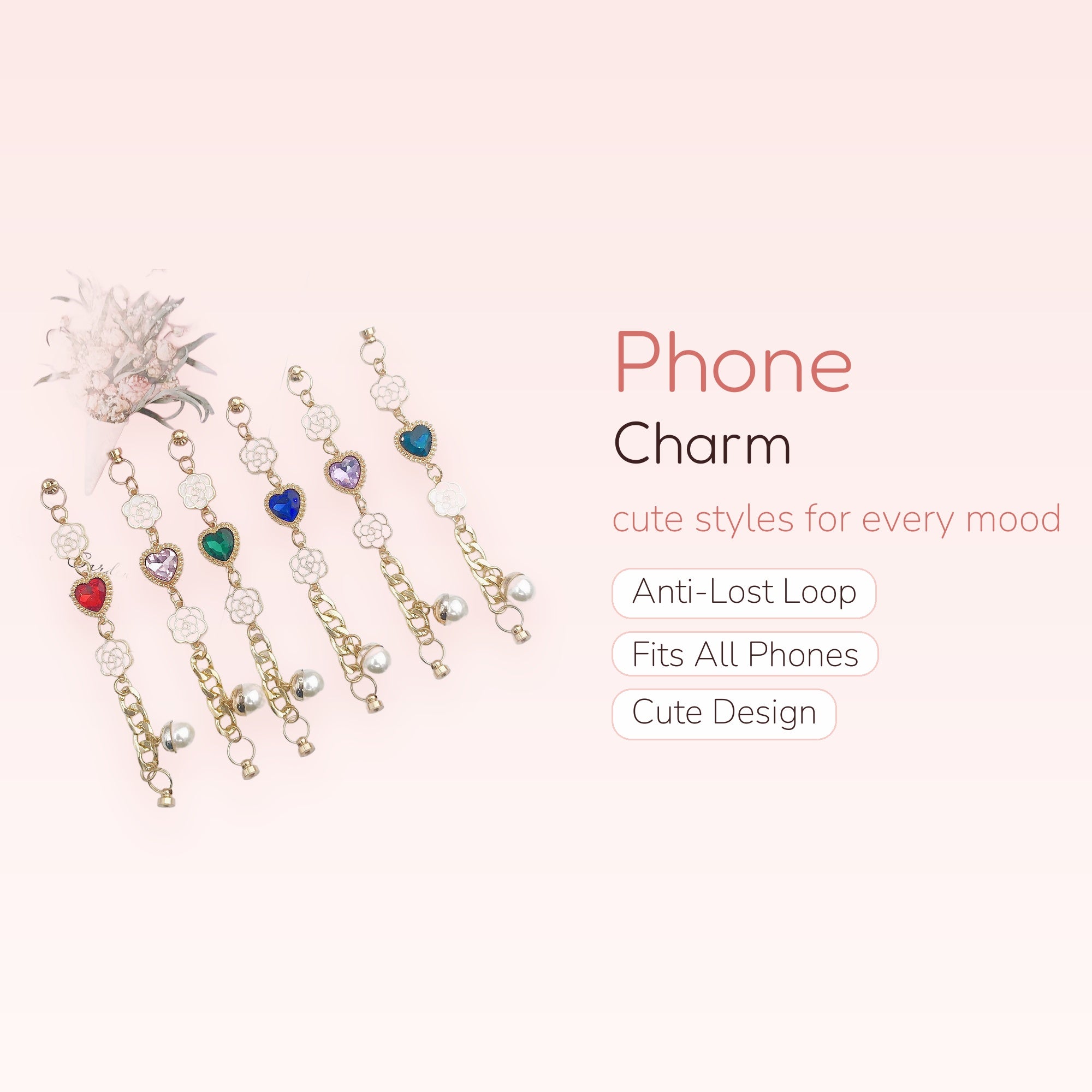 Cute Heart Gem & Flower Phone Charm | Gold Chain & Pearl Wrist Strap
