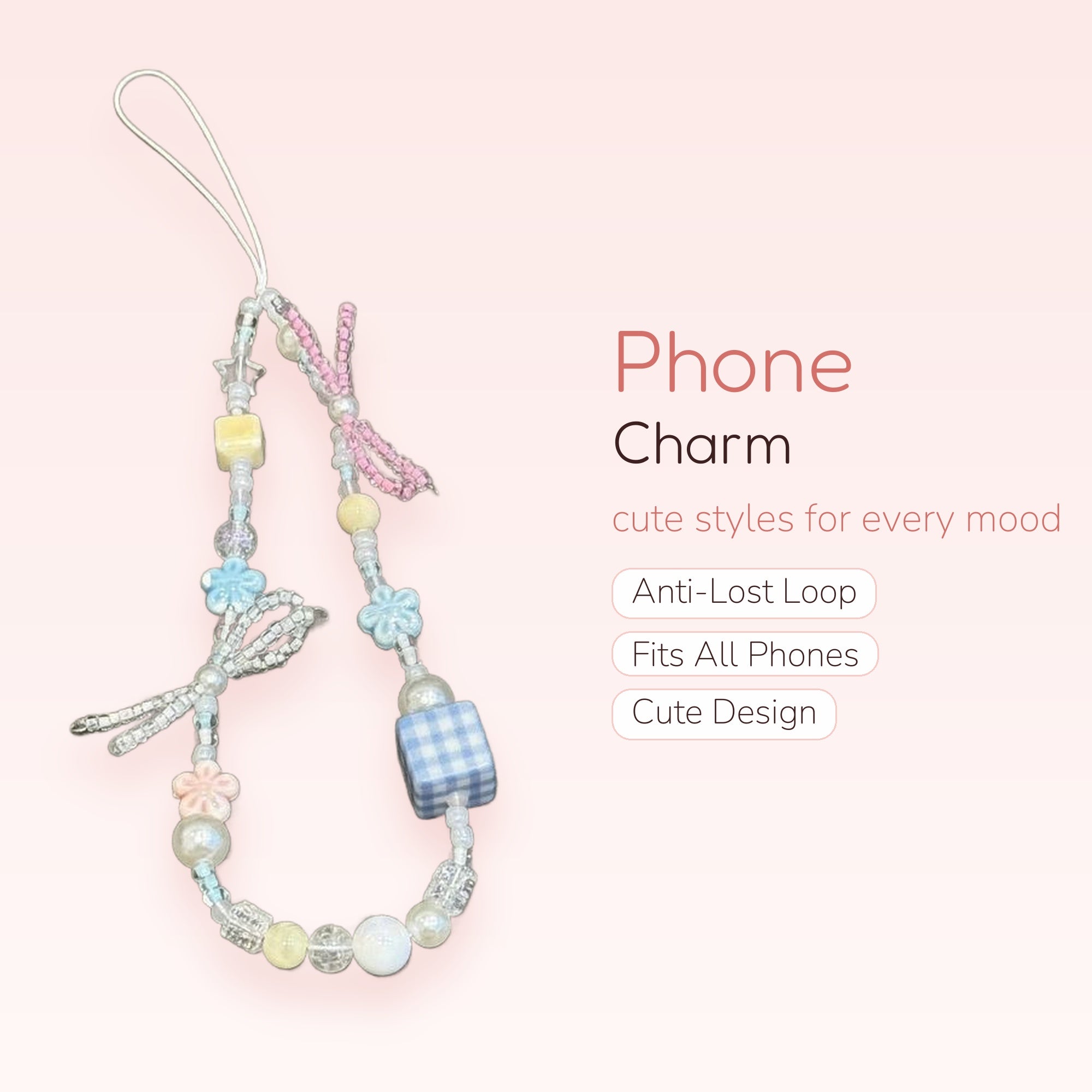 Kawaii Pastel Beaded Phone Charm Strap | Cute Gingham Bow Star Flower Wrist Lanyard