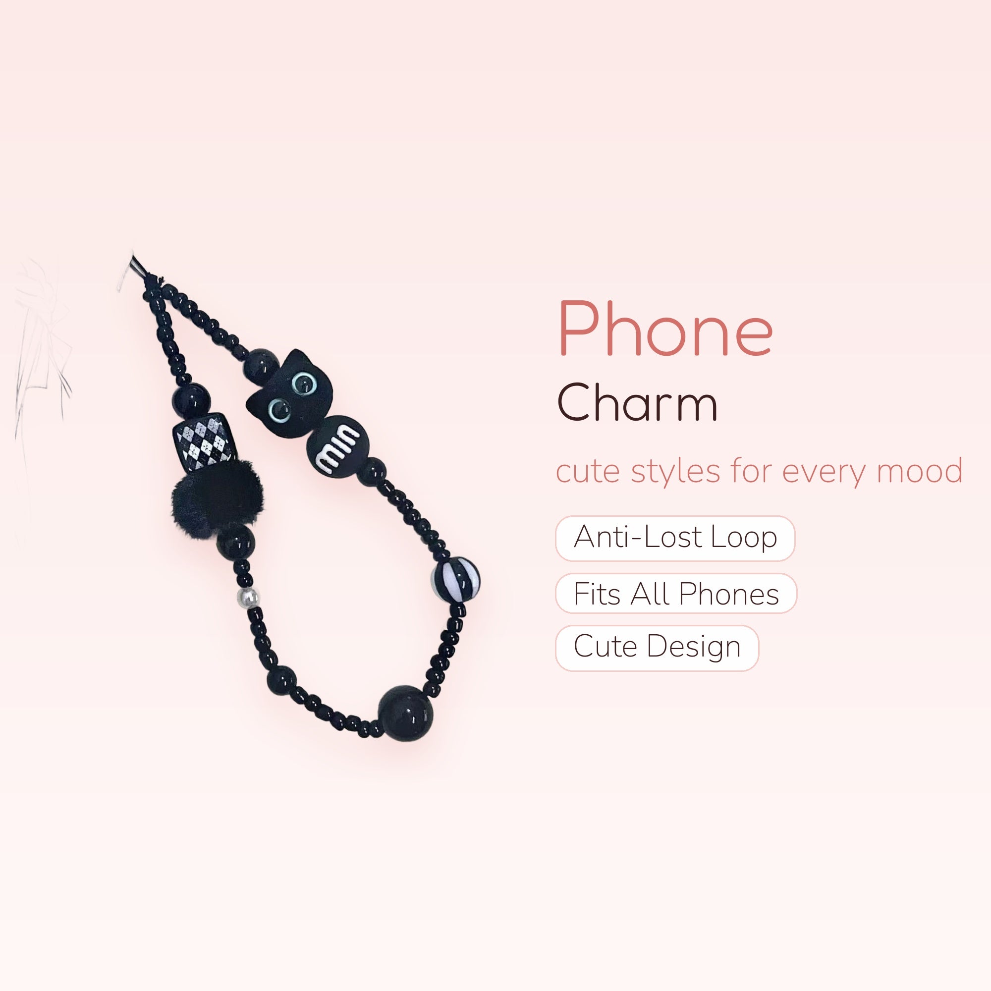 Kawaii Black Cat & Argyle Phone Charm | Aesthetic Beaded Wrist Lanyard