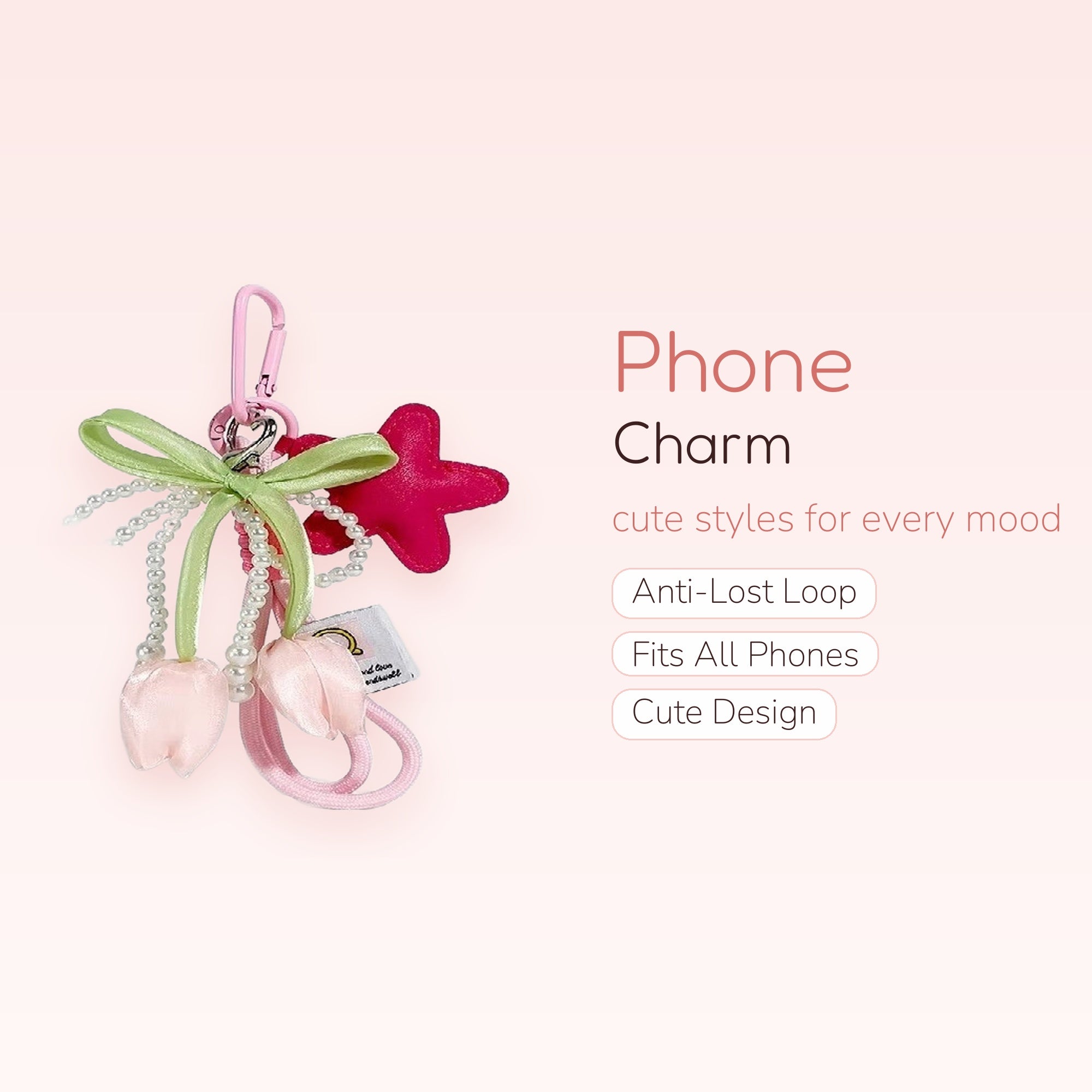 Kawaii Pink Tulip & Pearl Phone Charm | Aesthetic Floral Beaded Wrist Strap