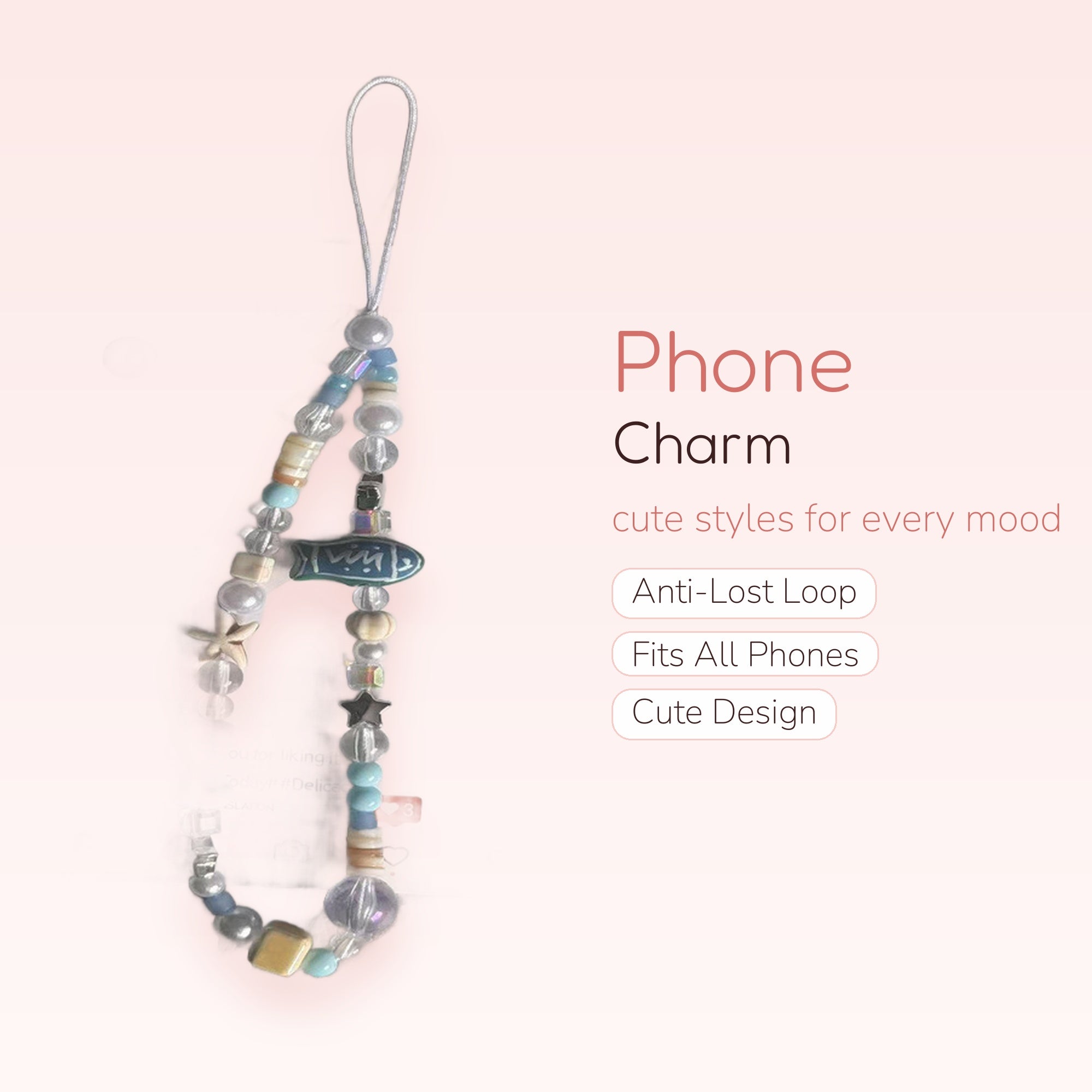 Kawaii Pastel Blue & White Beaded Phone Charm | Ocean-Themed Wrist Lanyard with Fish & Starfish