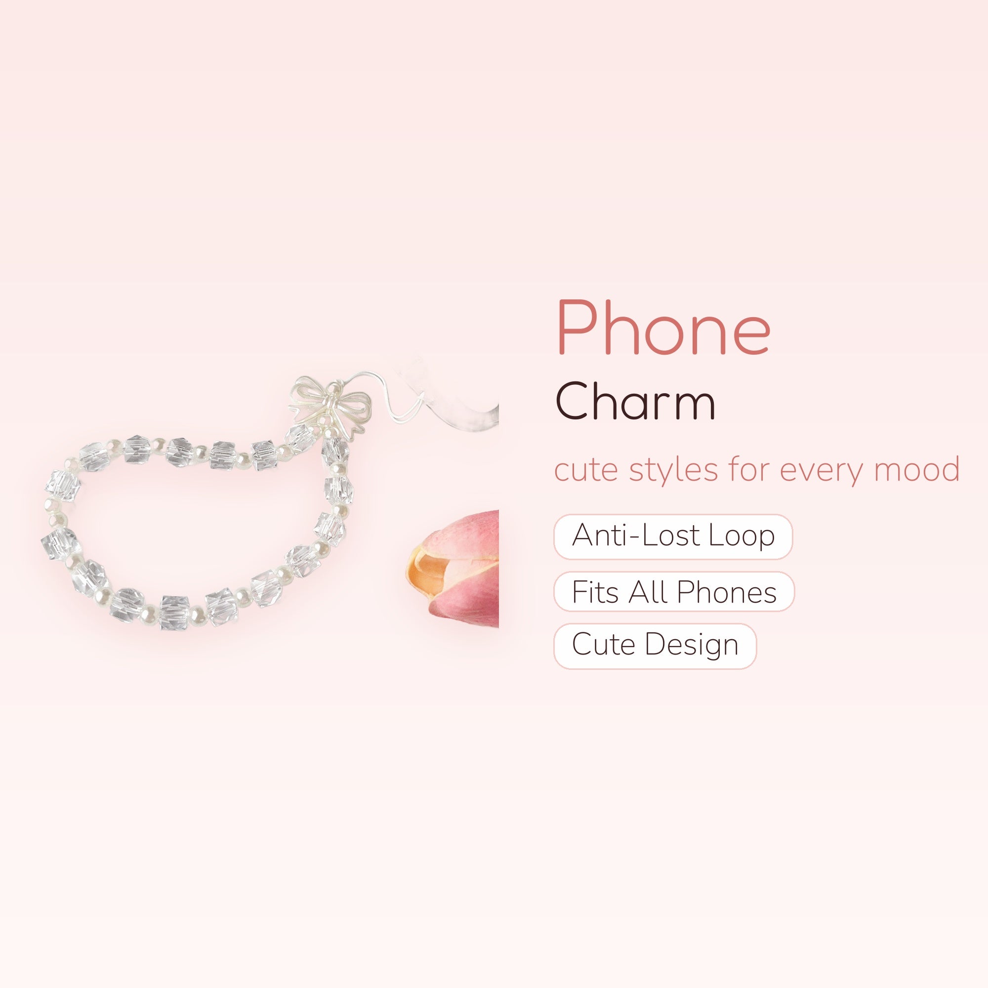 Cute Clear Cube & Pearl Phone Charm | Aesthetic Beaded Wrist Strap