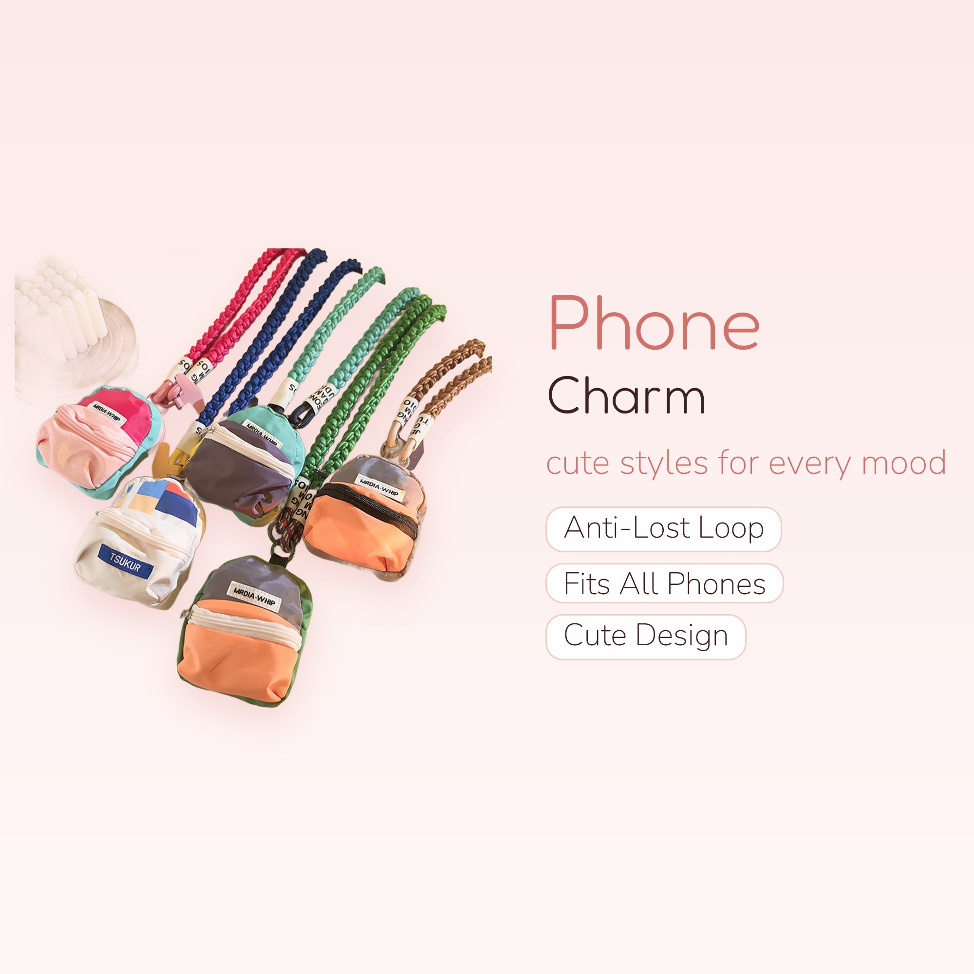 Mini Backpack Phone Charm Lanyard | Colorful Braided Wrist Strap Keychain