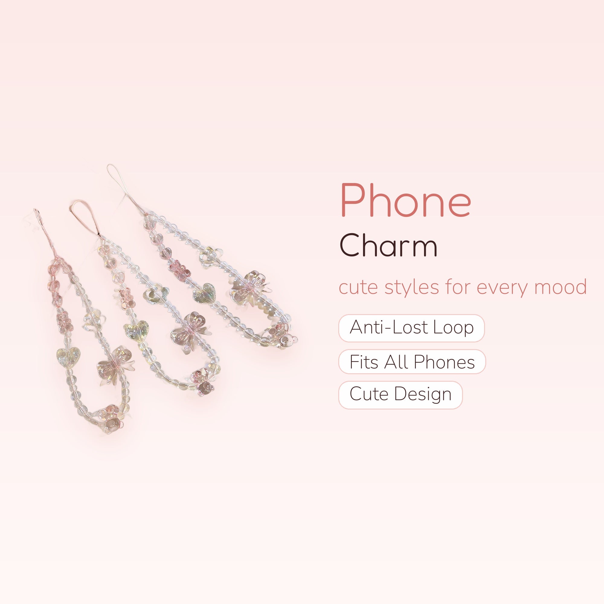 Kawaii Clear & Pink Beaded Phone Charm Strap | Aesthetic Heart & Bow Wrist Lanyard