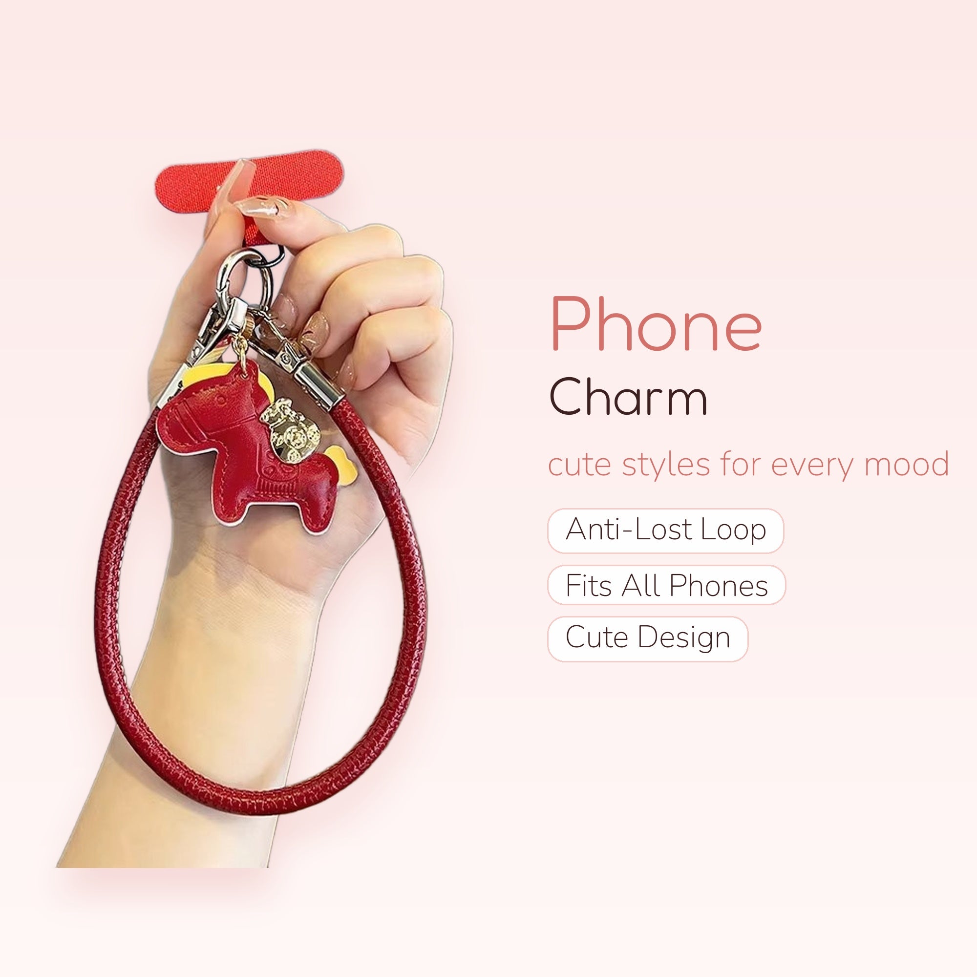 Red Leather Horse Phone Charm Wrist Strap | Cute Lucky Money Bag Lanyard