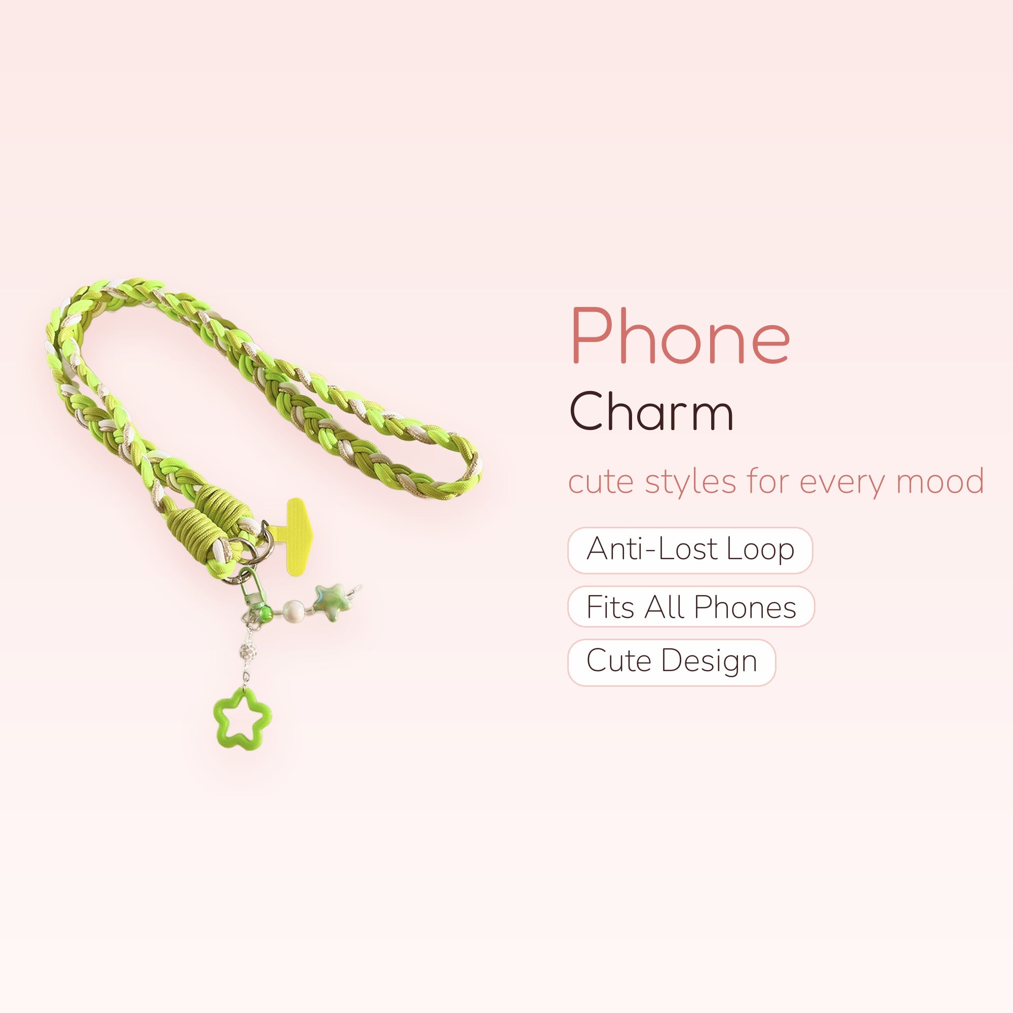 Braided Green & White Phone Charm Lanyard | Cute Star Beaded Wrist Strap