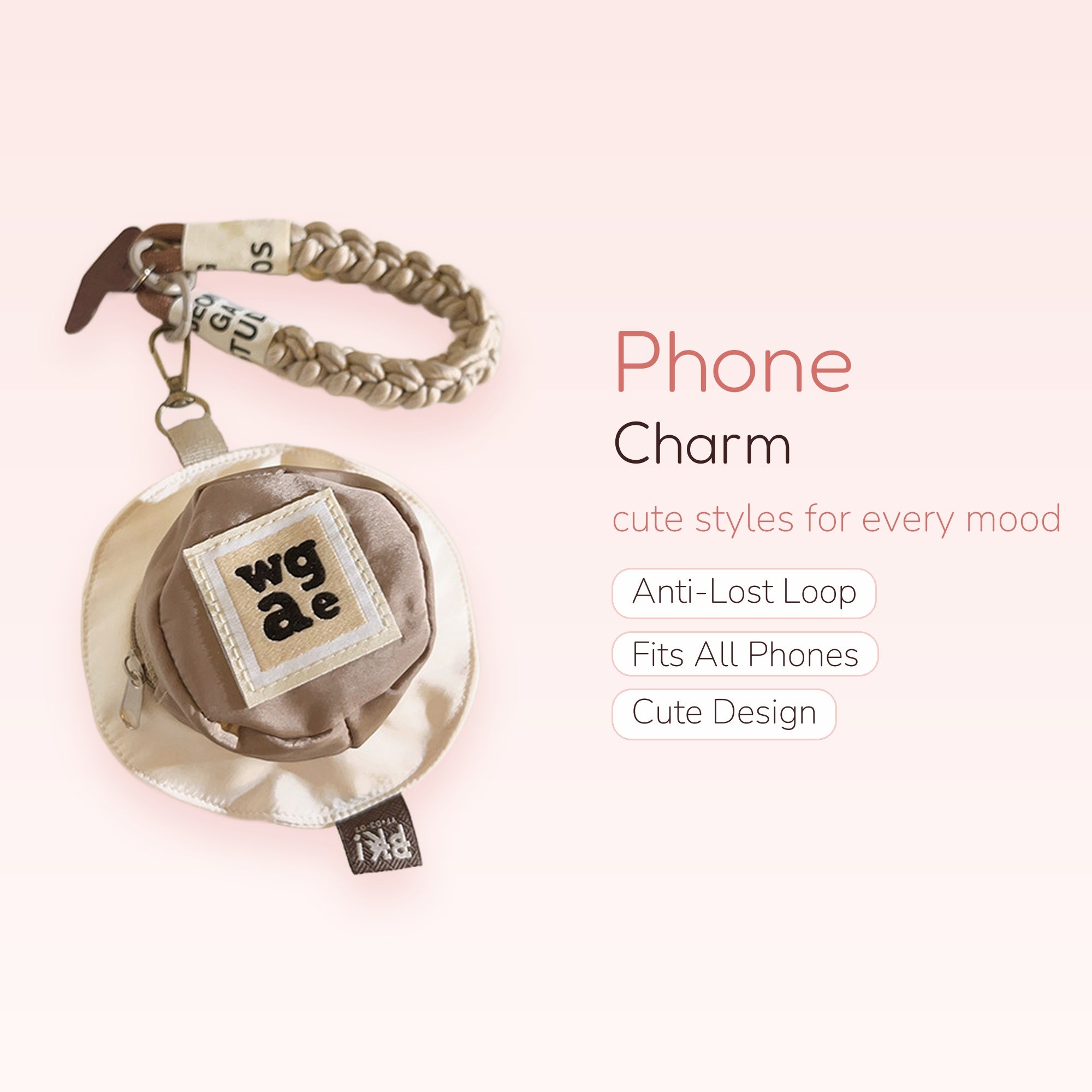 Cute Beige Braided Wristlet Phone Charm | Aesthetic Mini Bucket Hat Keychain
