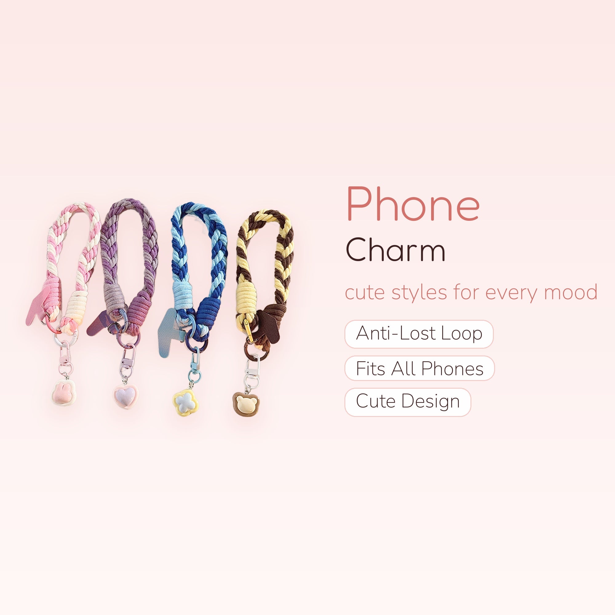 Braided Wrist Phone Charm Strap | Pastel & Earth Tone Lanyard with Cute Charms