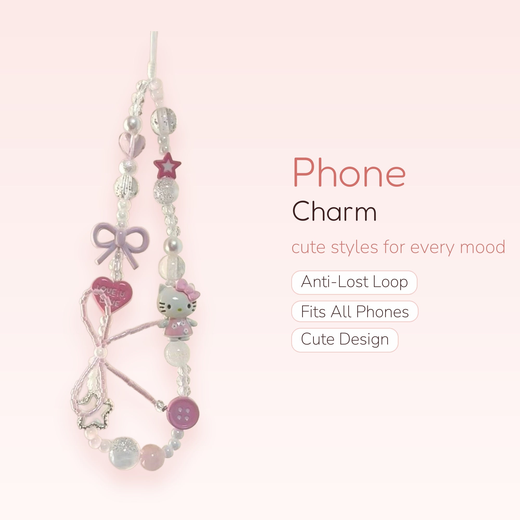 Kawaii Hello Kitty & Bow Phone Charm | Pastel Pink Beaded Wrist Strap