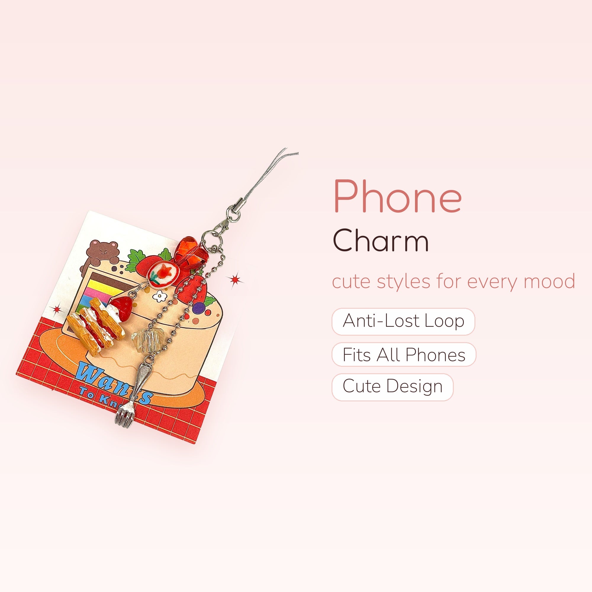 Kawaii Dessert & Strawberry Phone Charm | Cute Foodie Beaded Wrist Strap