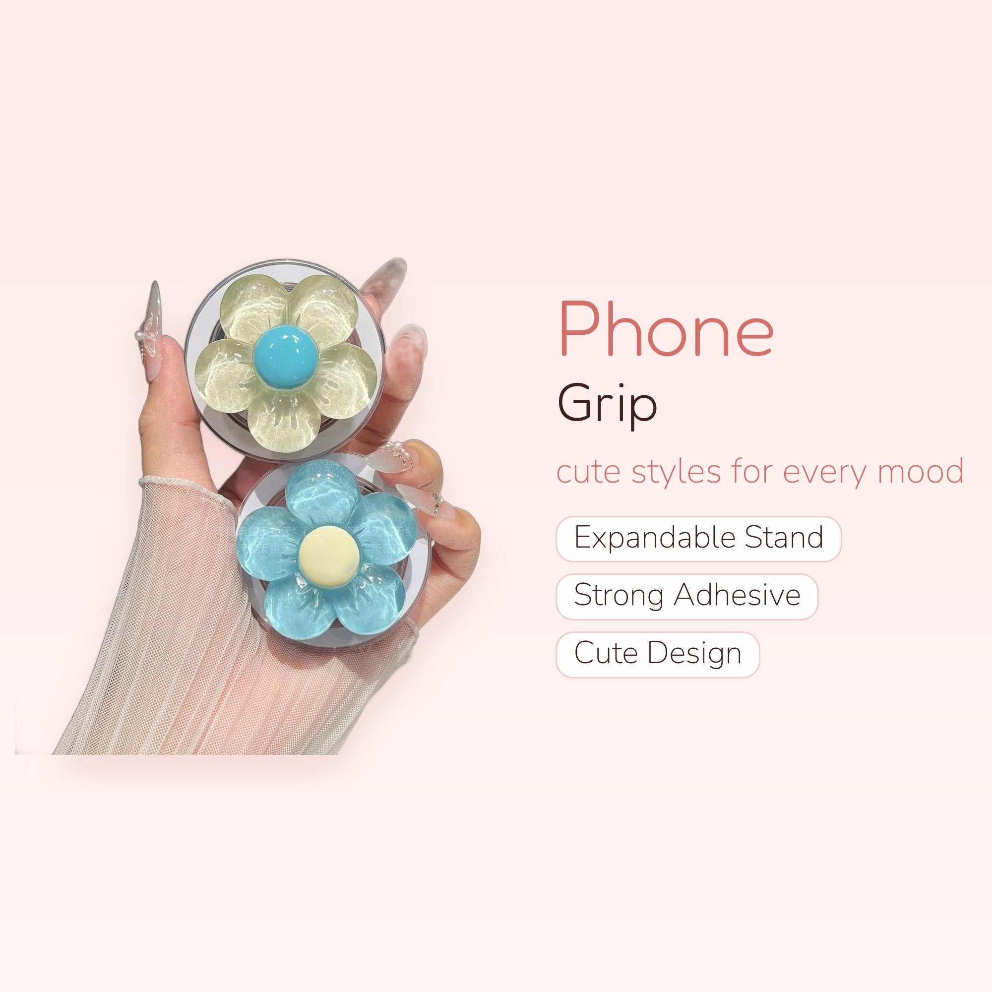 Clear Daisy Flower Phone Grip | Cute Pastel Blue & Yellow Pop Socket Stand