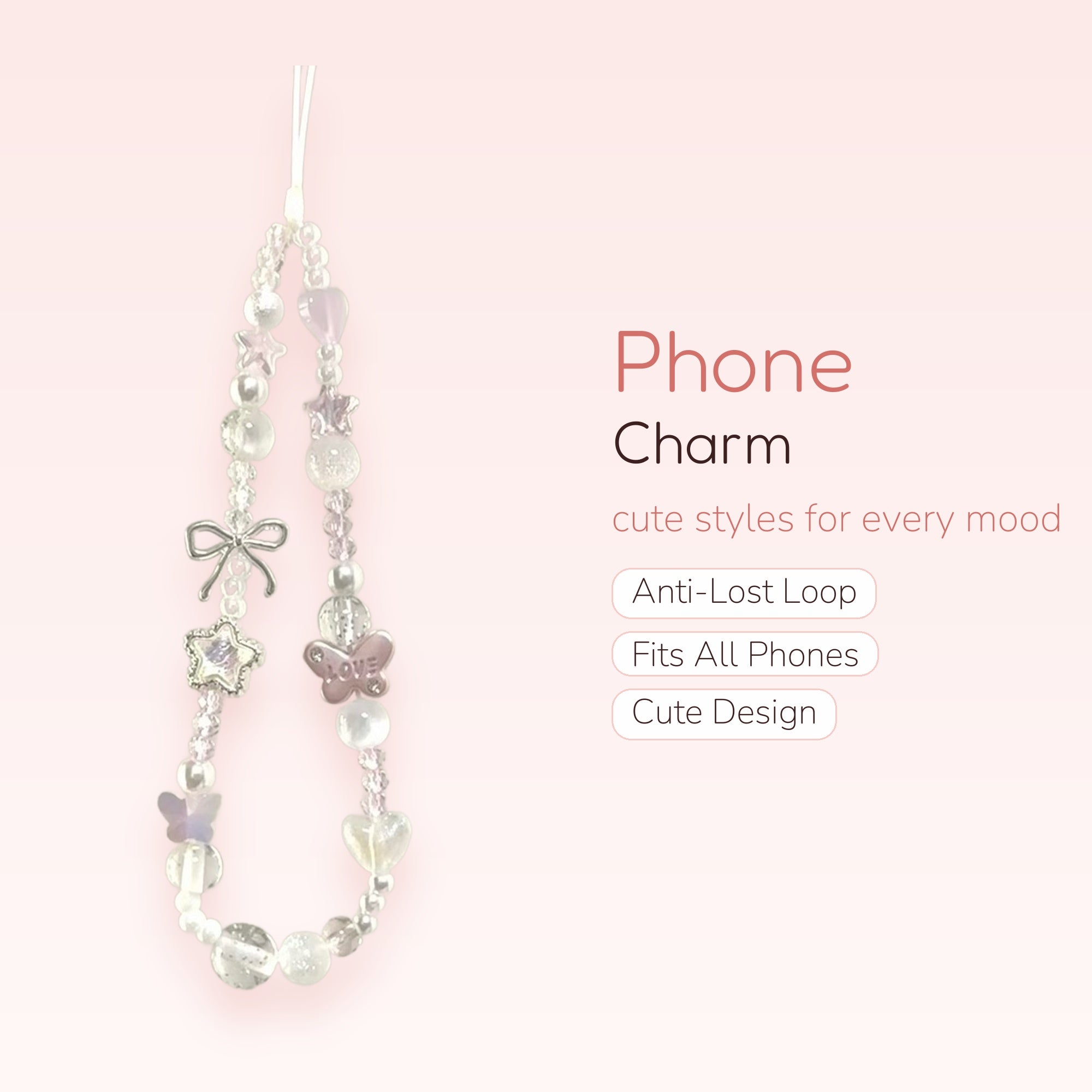 Kawaii Pearl & Pink Beaded Phone Charm | Pastel Star & Butterfly Wrist Strap