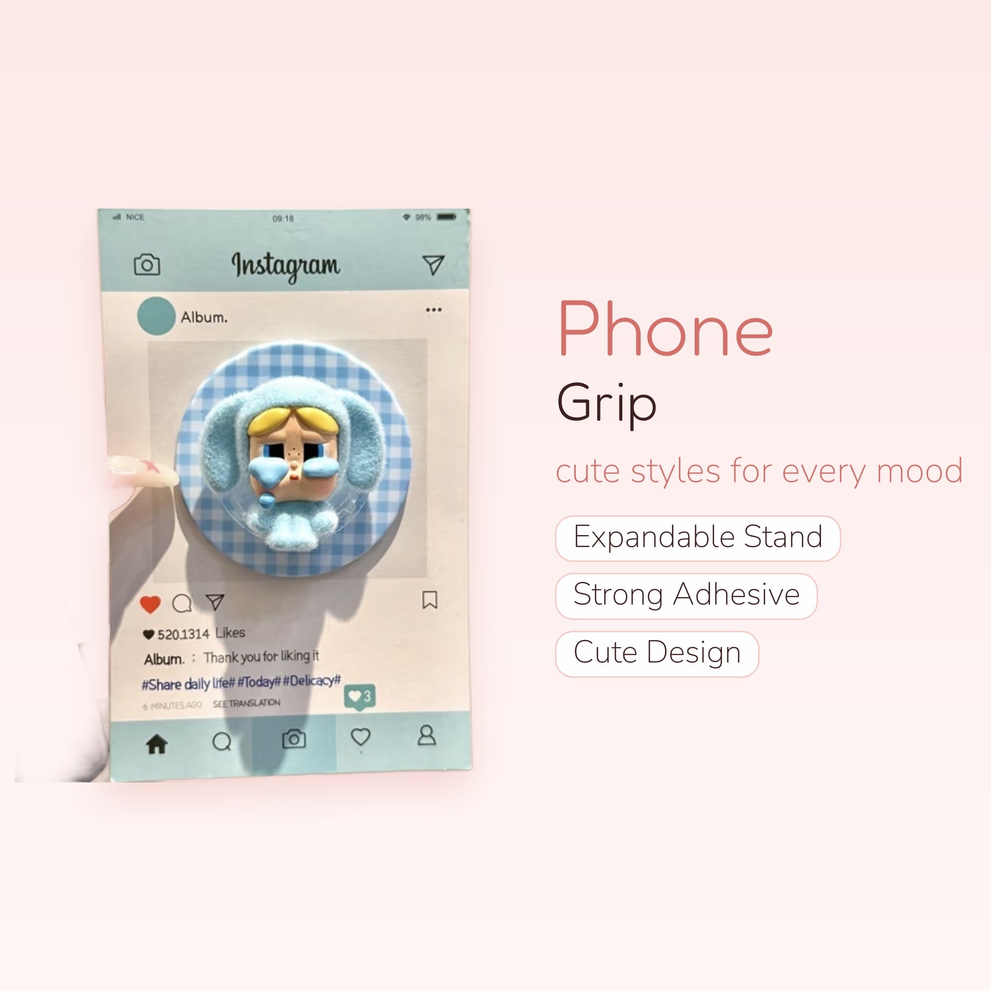 Kawaii Blue Crying Character Phone Grip | Aesthetic Plaid Pop Socket Stand
