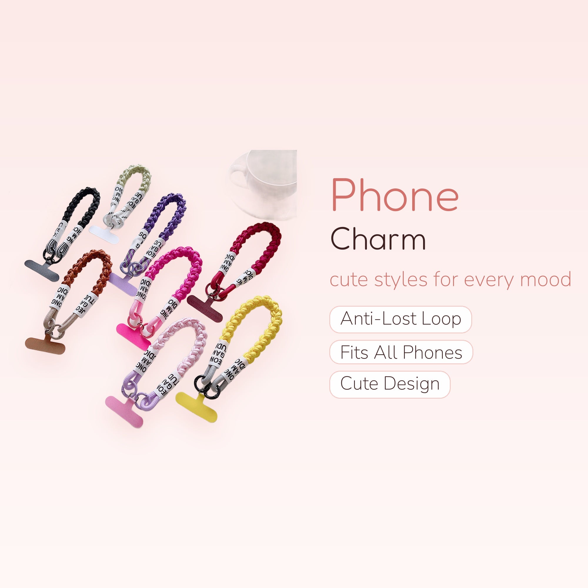 Braided Rope Phone Charm Strap | Colorful Wrist Lanyard with Text Detail