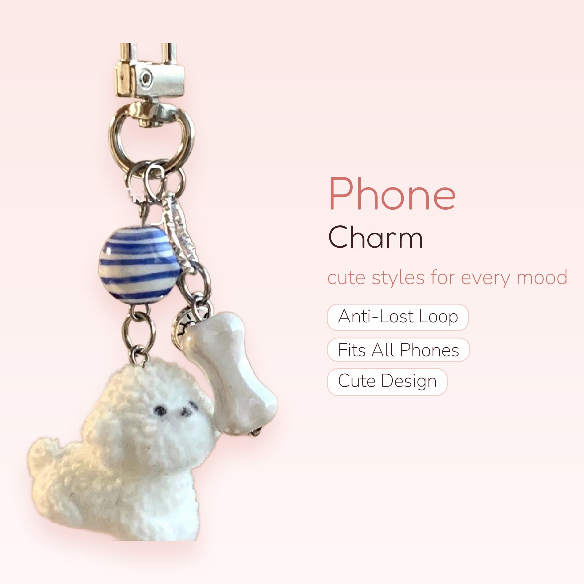 Cute White Poodle & Bone Phone Charm | Blue Striped Bead Keychain