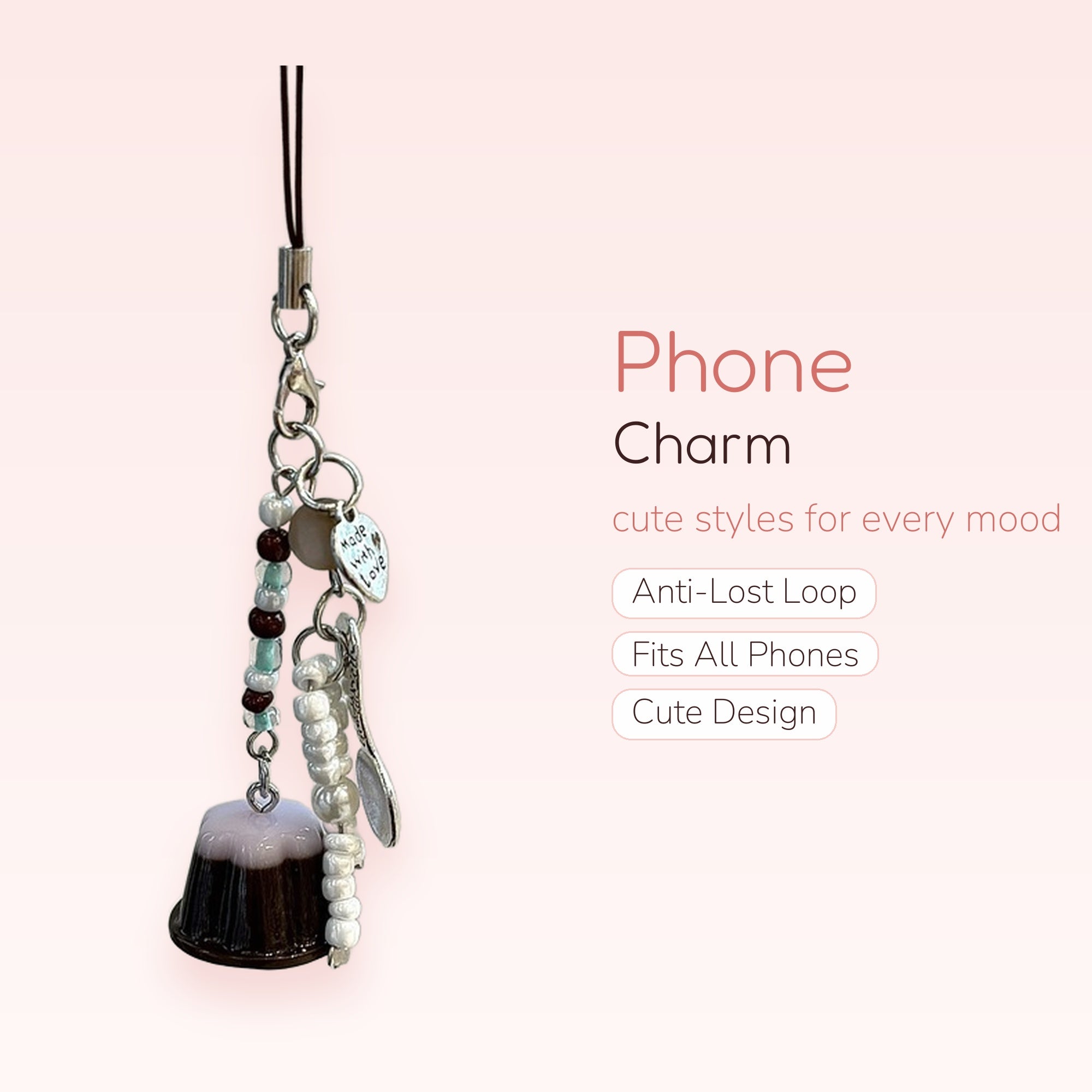 Cute Coffee Pudding Phone Charm | Aesthetic Beaded Strap with Spoon & Heart