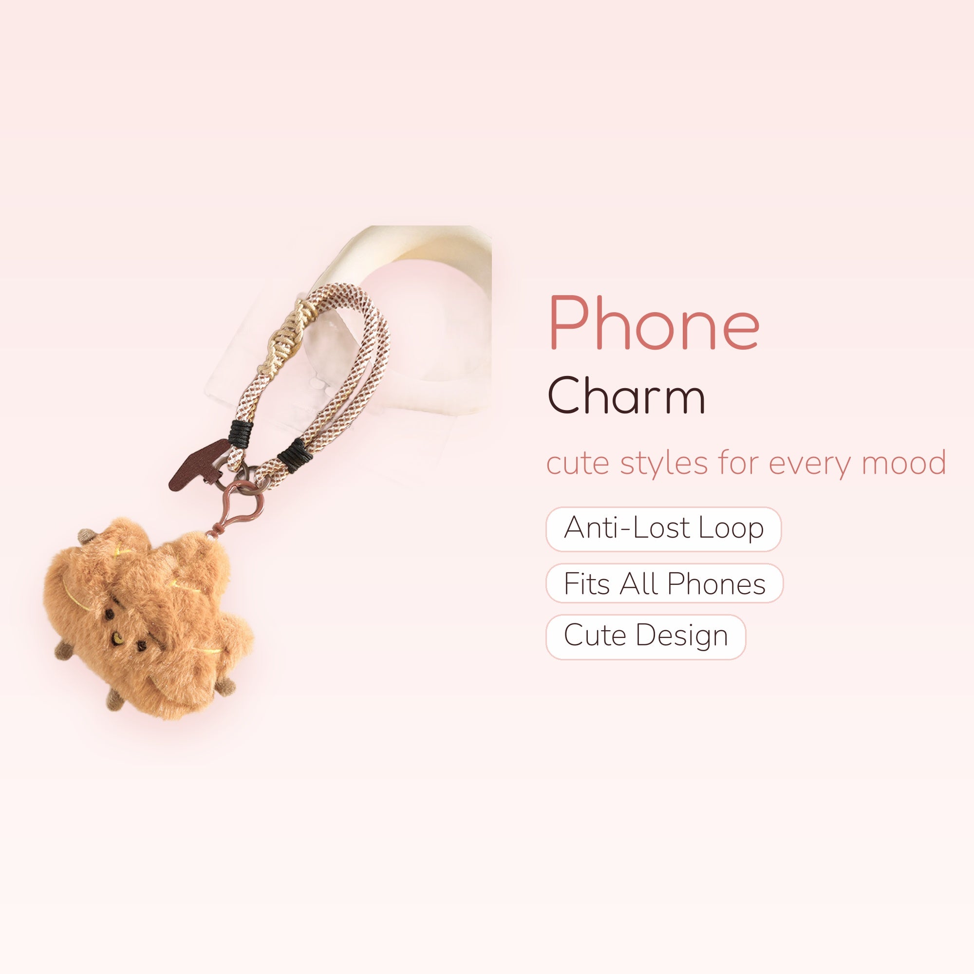 Fluffy Brown Bear Phone Charm Strap | Cute Plush Animal Keychain Lanyard