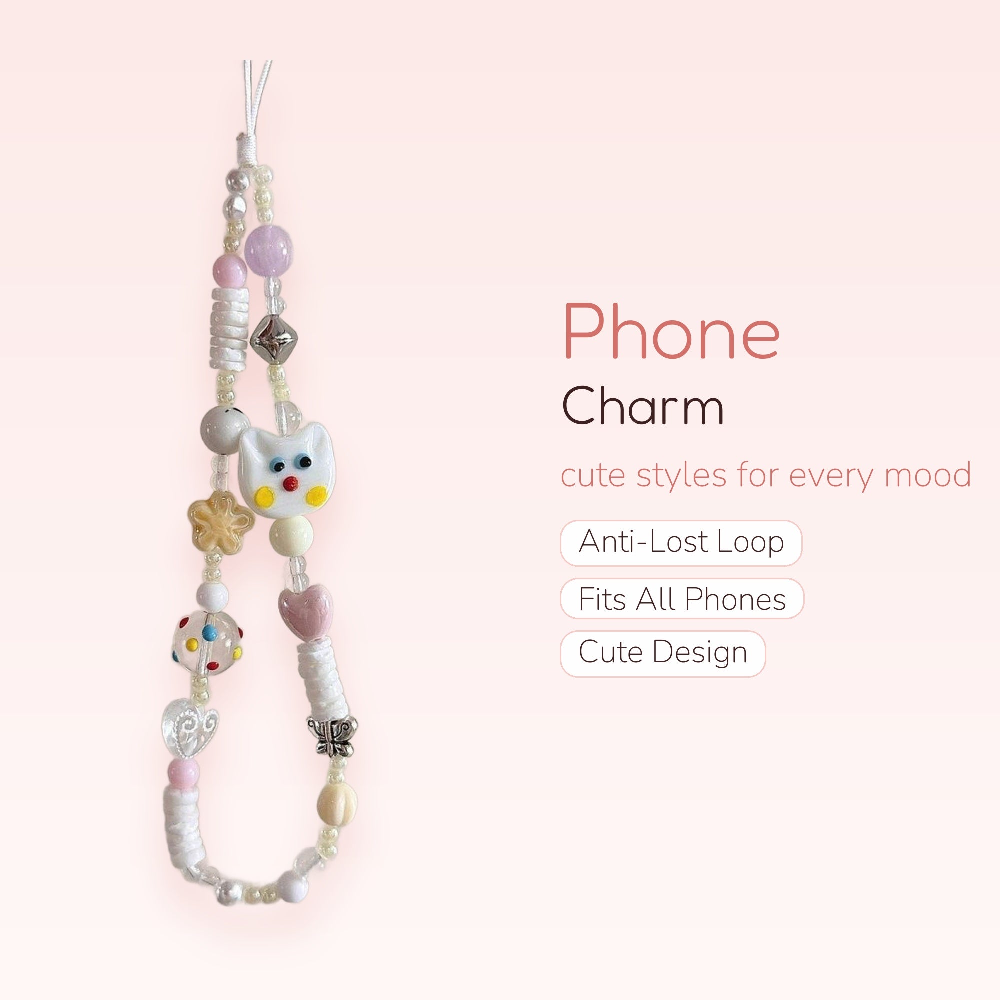 Kawaii Pastel Beaded Phone Charm Strap | Cute Cat & Star Wrist Lanyard