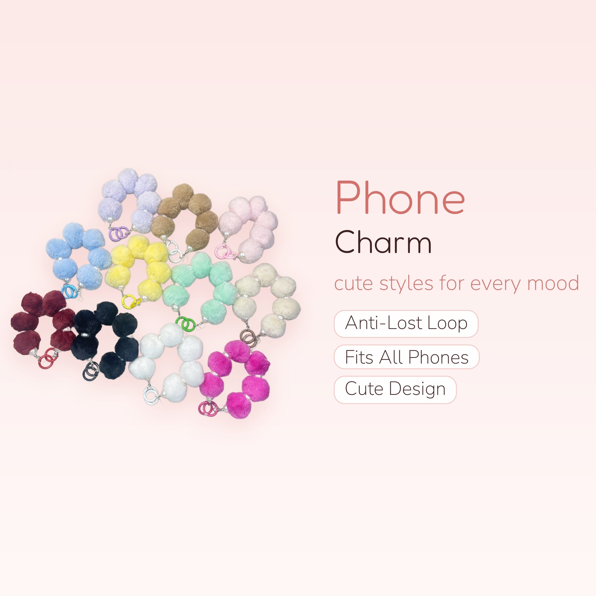 Fluffy Pom Pom Pearl Phone Charm Wrist Strap | Cute Colorful Faux Fur Lanyard