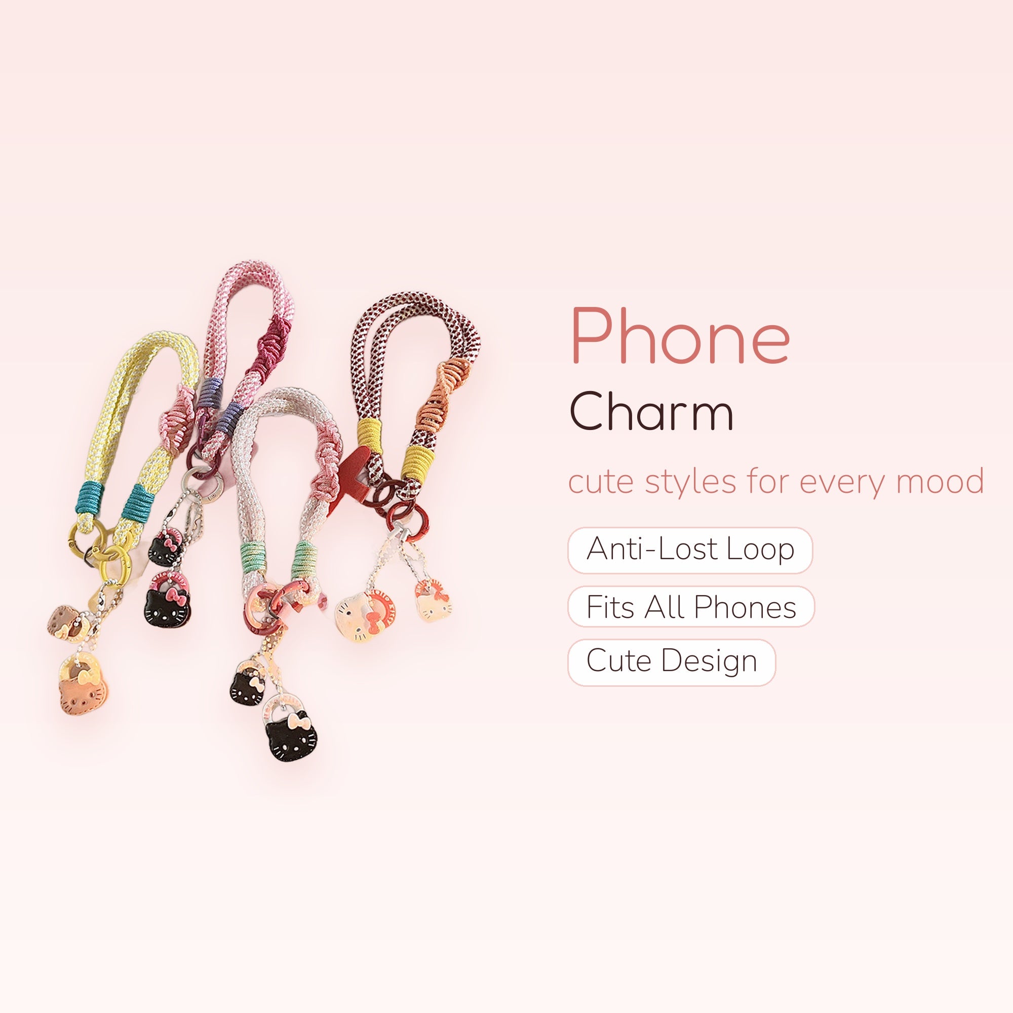 Kawaii Braided Rope Phone Charm Wristlet | Cute Hello Kitty & Handbag Charms