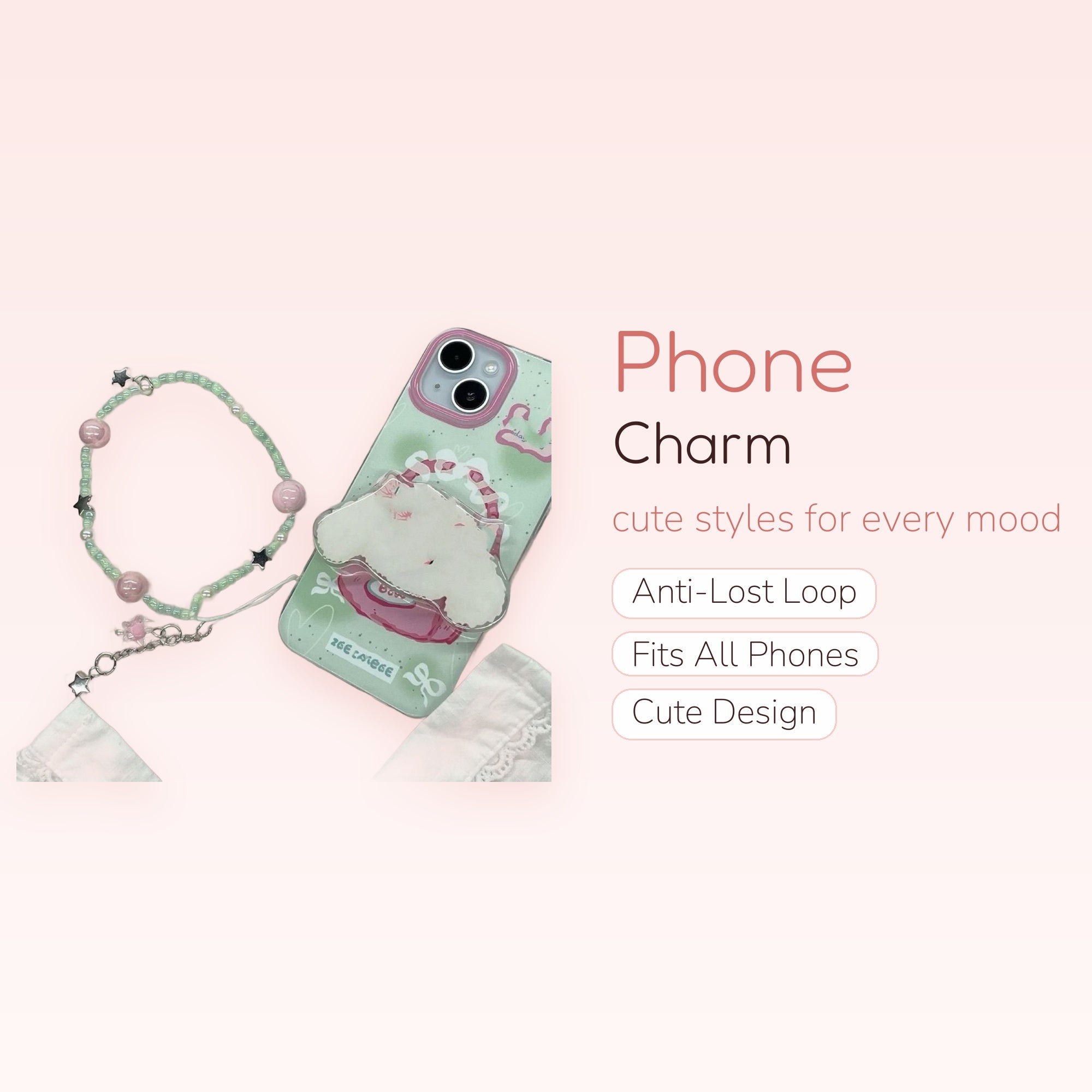 Kawaii Pastel Green Beaded Phone Charm | Pink Pearl & Star Wrist Strap