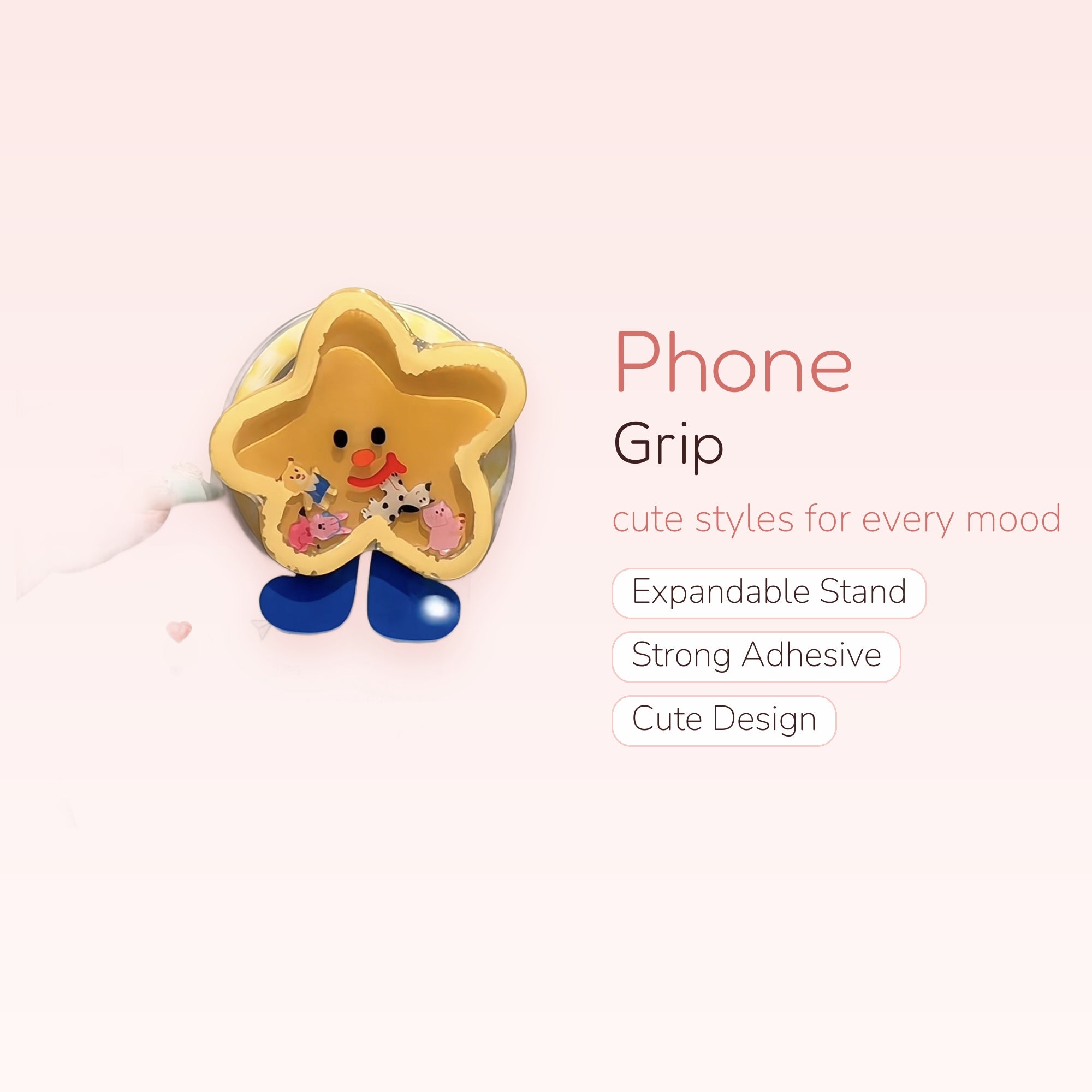 Cute Yellow Star Phone Grip with Mini Animal Charms | Kawaii Pop Socket Stand