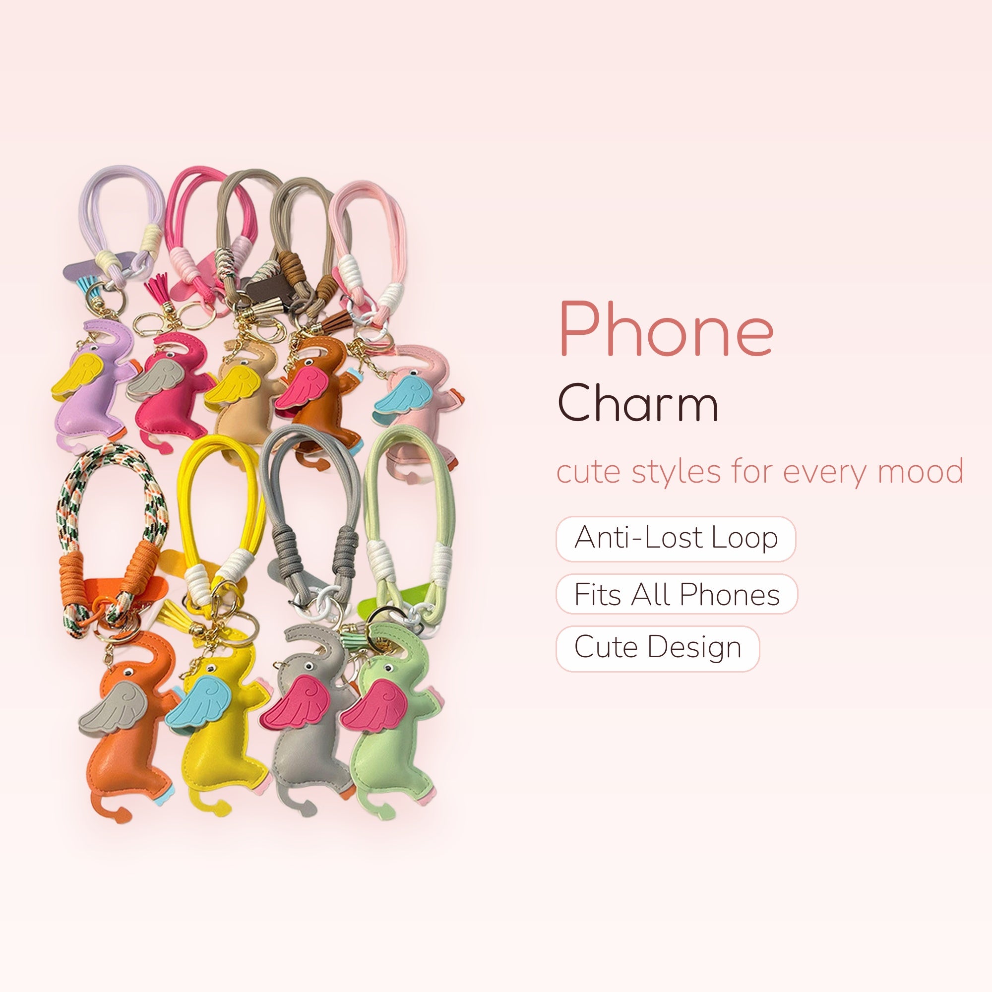 Cute Elephant Leather Phone Charm Wristlet | Pastel Animal Keyring Lanyard