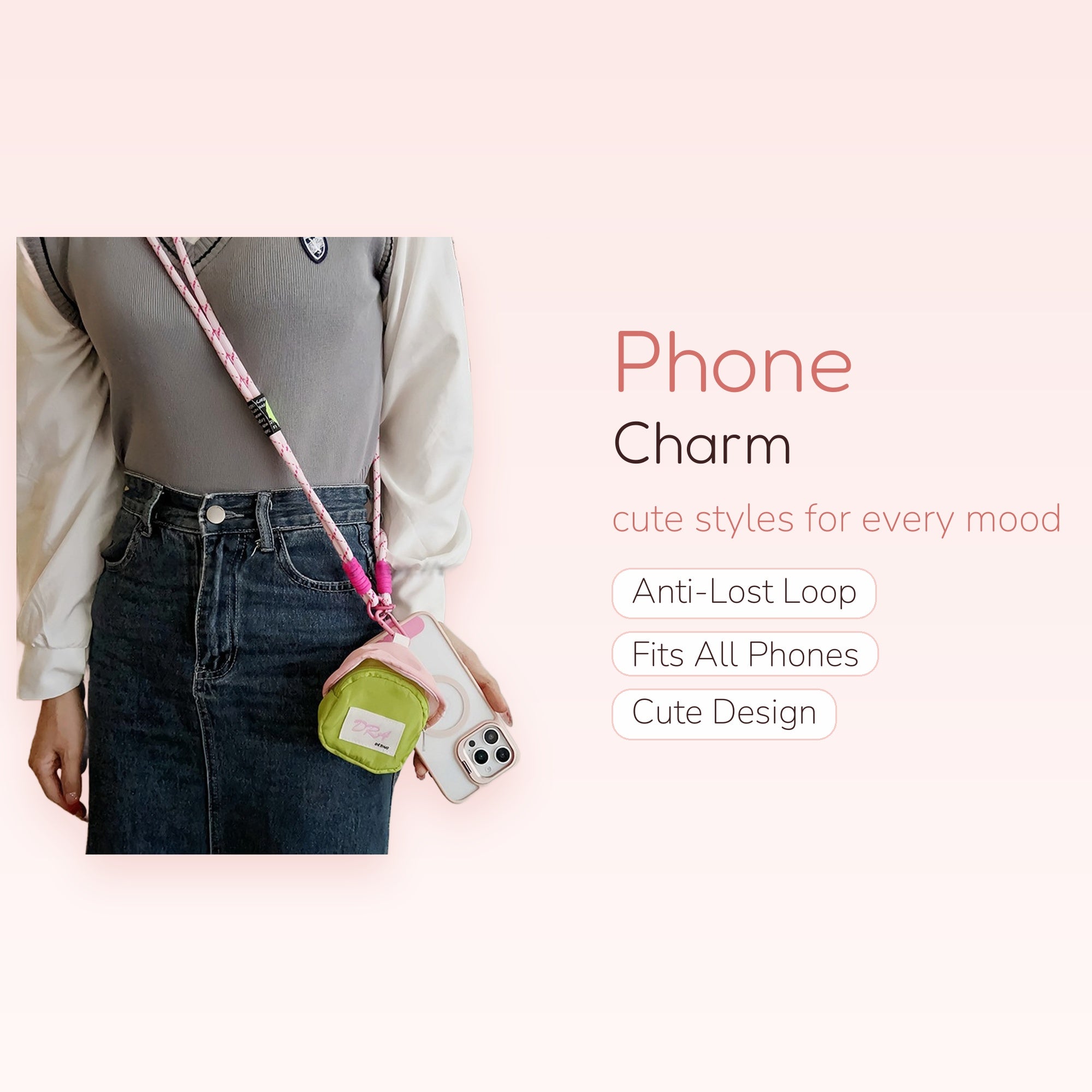 Pink & White Rope Phone Lanyard with Mini Green Pouch | Aesthetic Crossbody Phone Strap