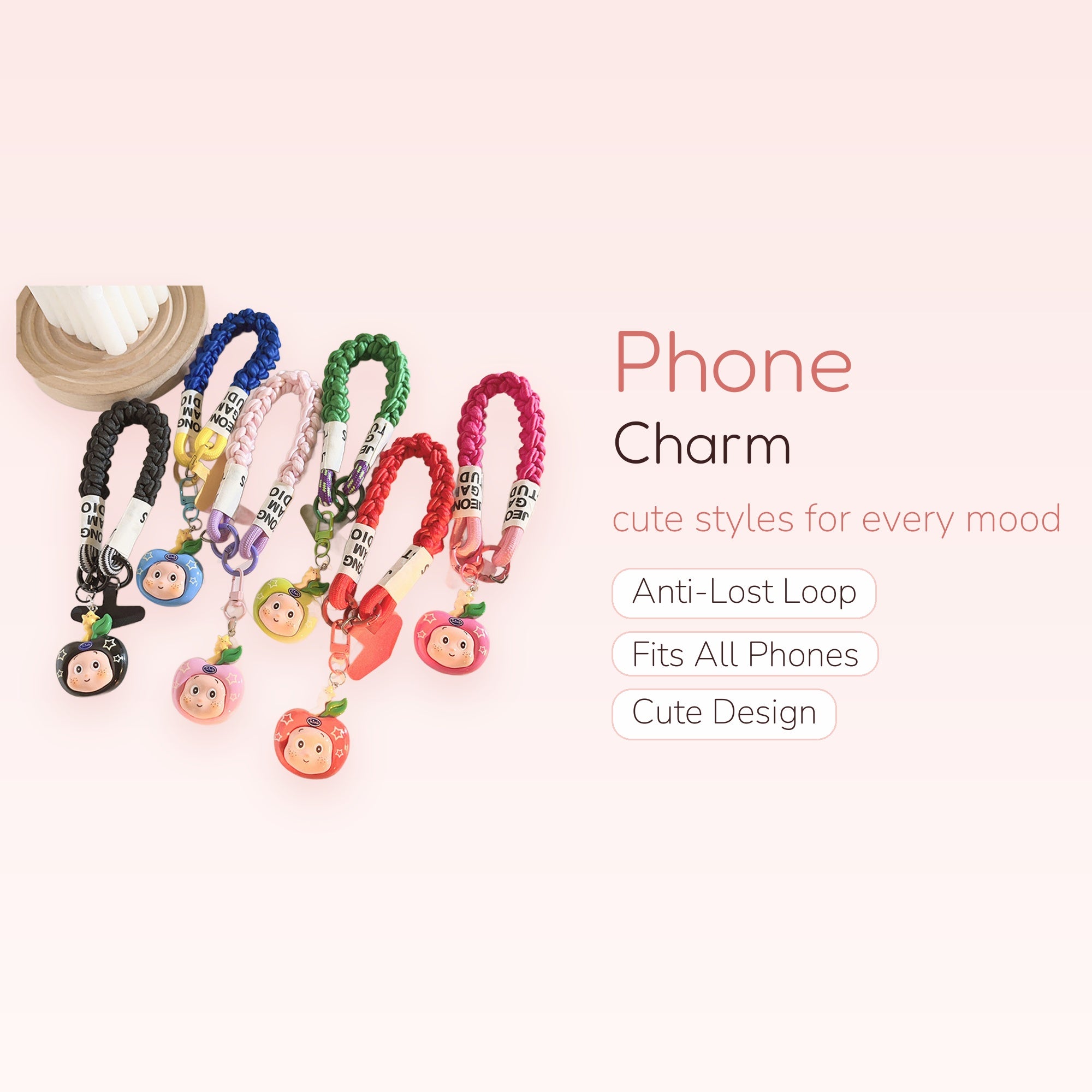 Kawaii Braided Wrist Phone Charm | Cute Apple Character Lanyard Strap